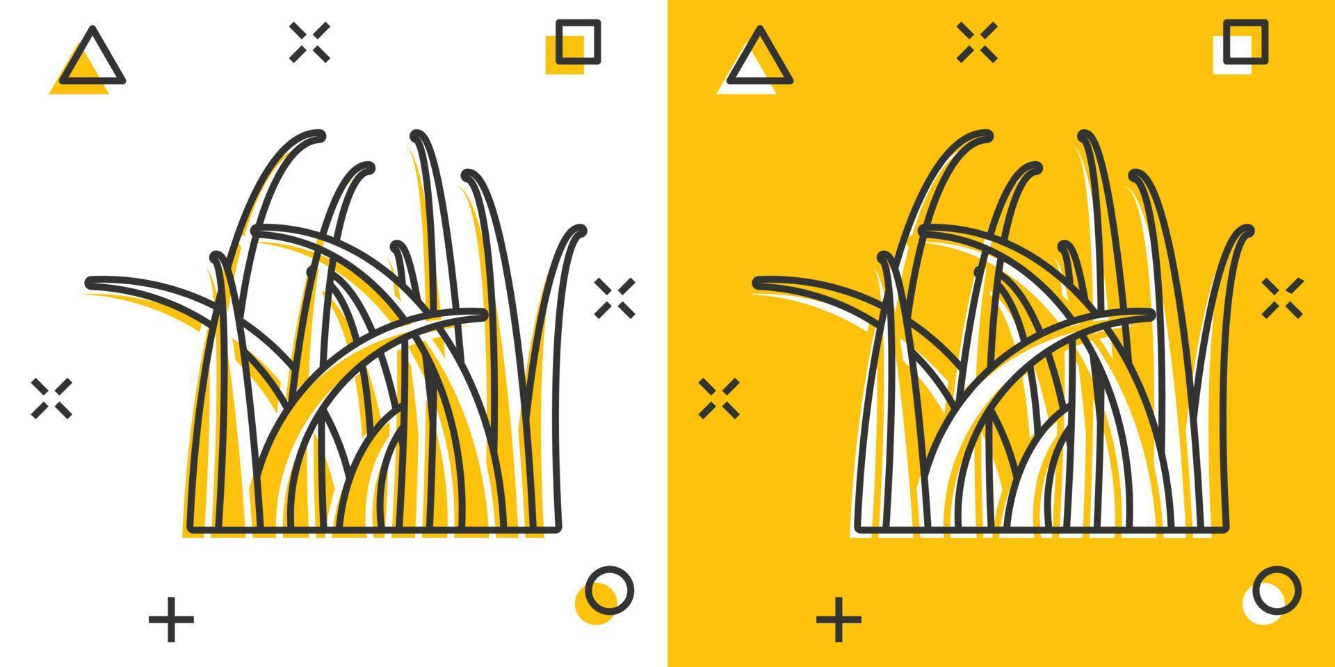 Grass icon in comic style. Eco lawn cartoon vector illustration on white isolated background. Floral garden splash effect business concept.