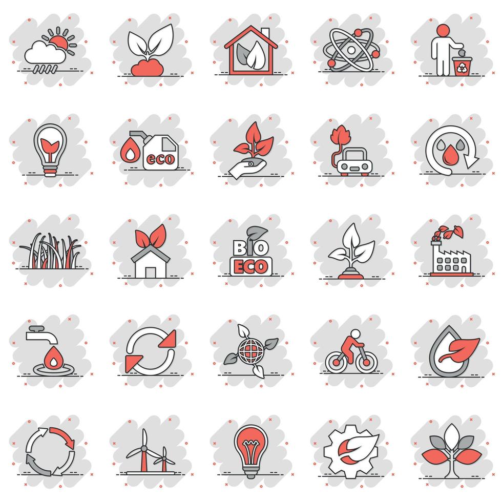 Eco environment icons set in comic style. Ecology cartoon vector illustration on white isolated background. Bio emblem splash effect sign business concept.