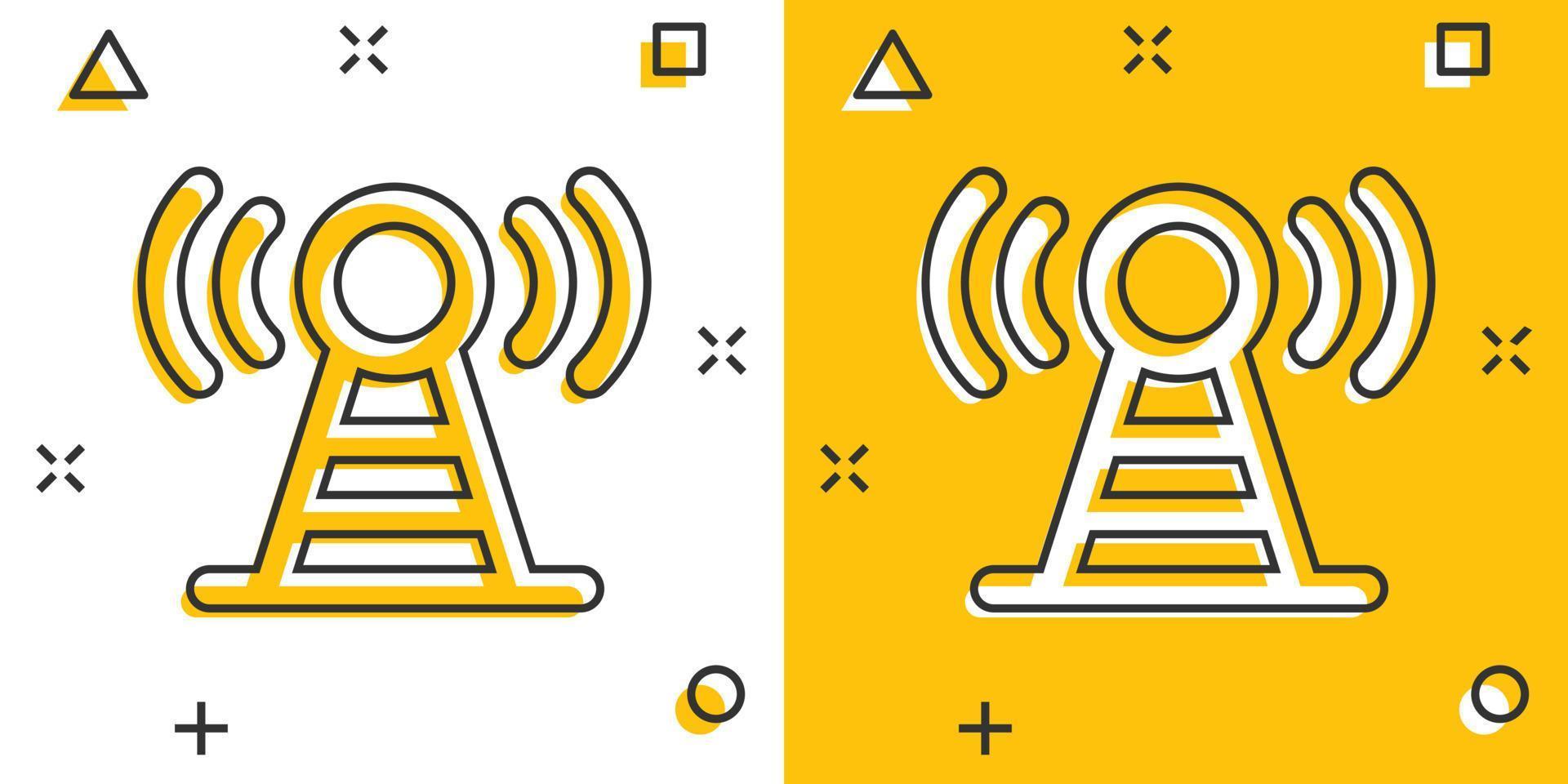 icono de torre de antena en estilo cómico. Ilustración de vector de dibujos animados de difusión sobre fondo blanco aislado. concepto de negocio de efecto de salpicadura wifi.