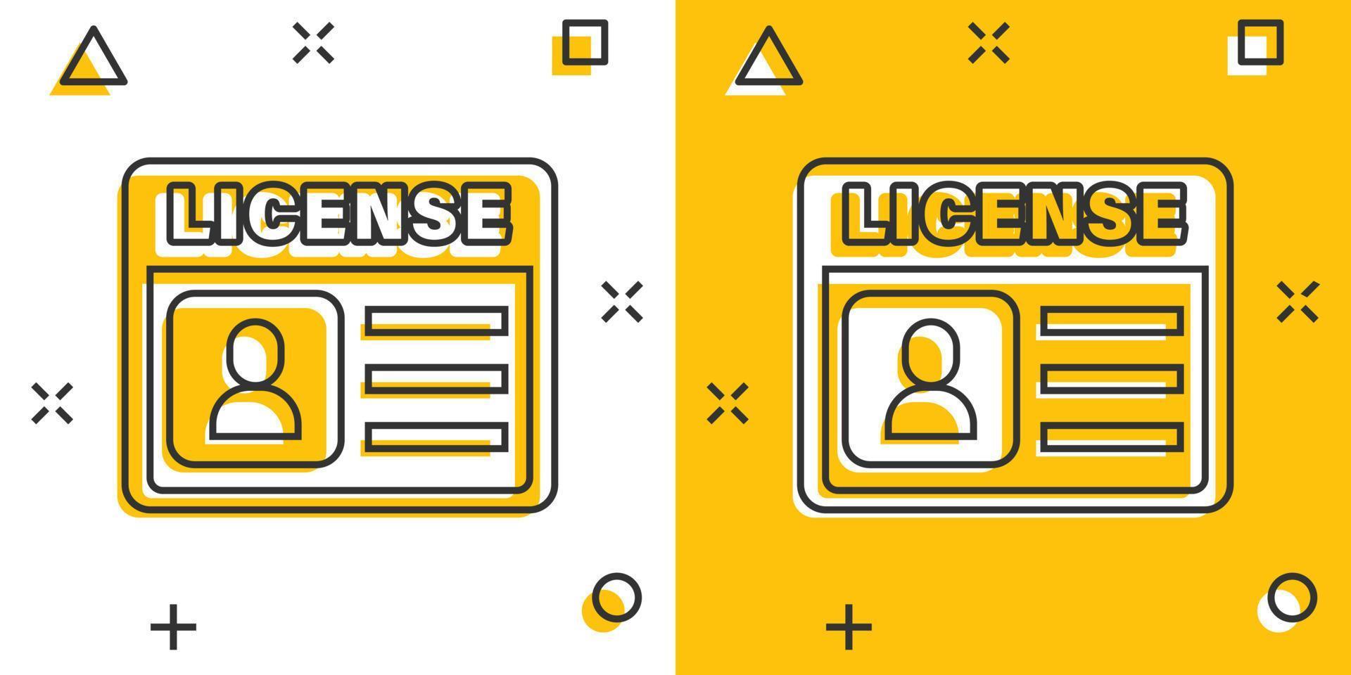 Driver license icon in comic style. Id card cartoon vector illustration on white isolated background. Identity splash effect business concept.
