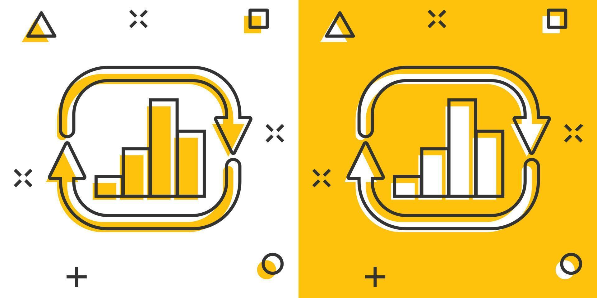 creciente icono de gráfico de barras en estilo cómico. aumentar la ilustración de vector de dibujos animados de flecha sobre fondo blanco aislado. concepto de negocio de efecto de salpicadura de progreso infográfico.