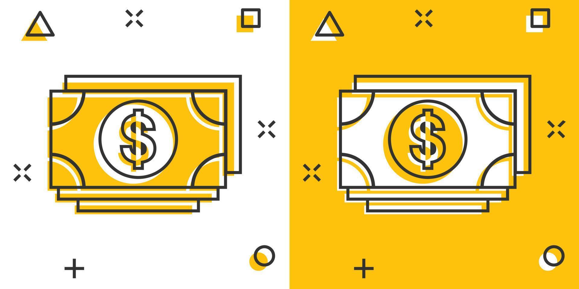 icono de billete de dólar en estilo cómico. ilustración vectorial de dibujos animados en efectivo en dólares sobre fondo blanco aislado. concepto de negocio de efecto de salpicadura de billete de banco. vector