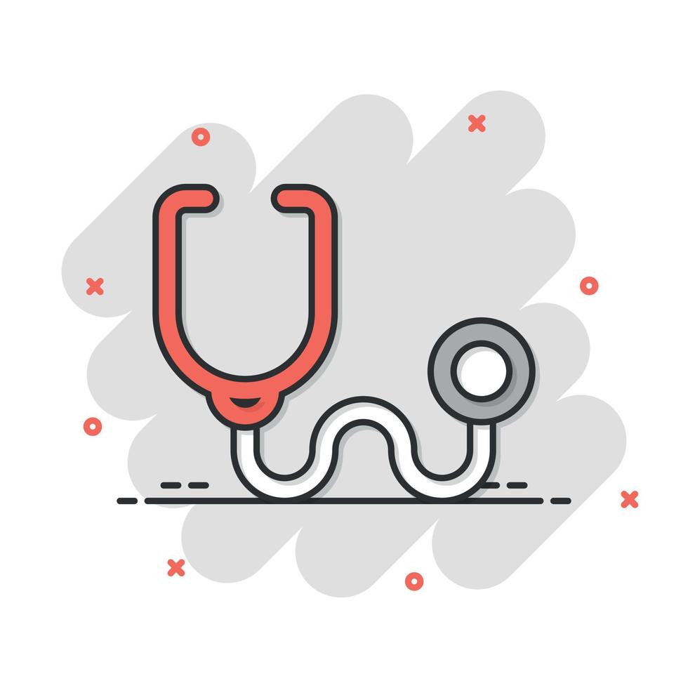 Stethoscope icon in comic style. Heart diagnostic cartoon vector illustration on isolated background. Medicine splash effect sign business concept.