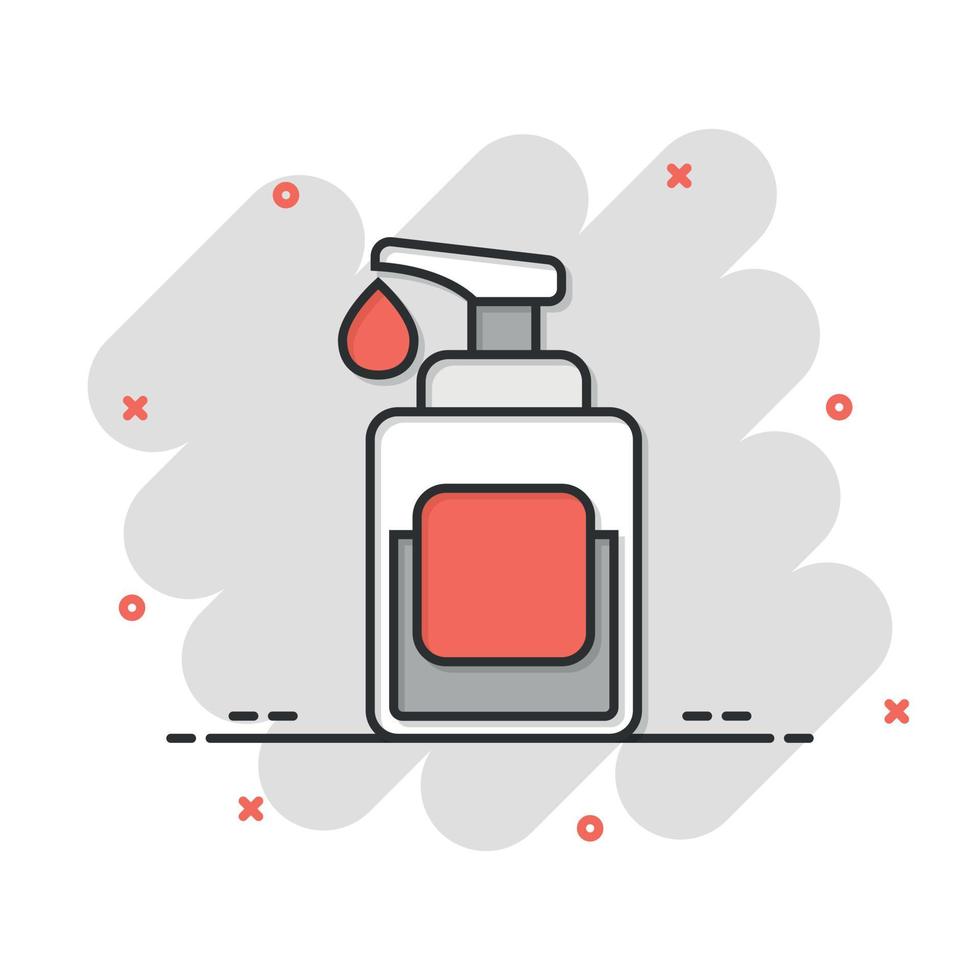 Hand sanitizer icon in comic style. Antiseptic bottle cartoon vector illustration on isolated background. Disinfect gel splash effect sign business concept.