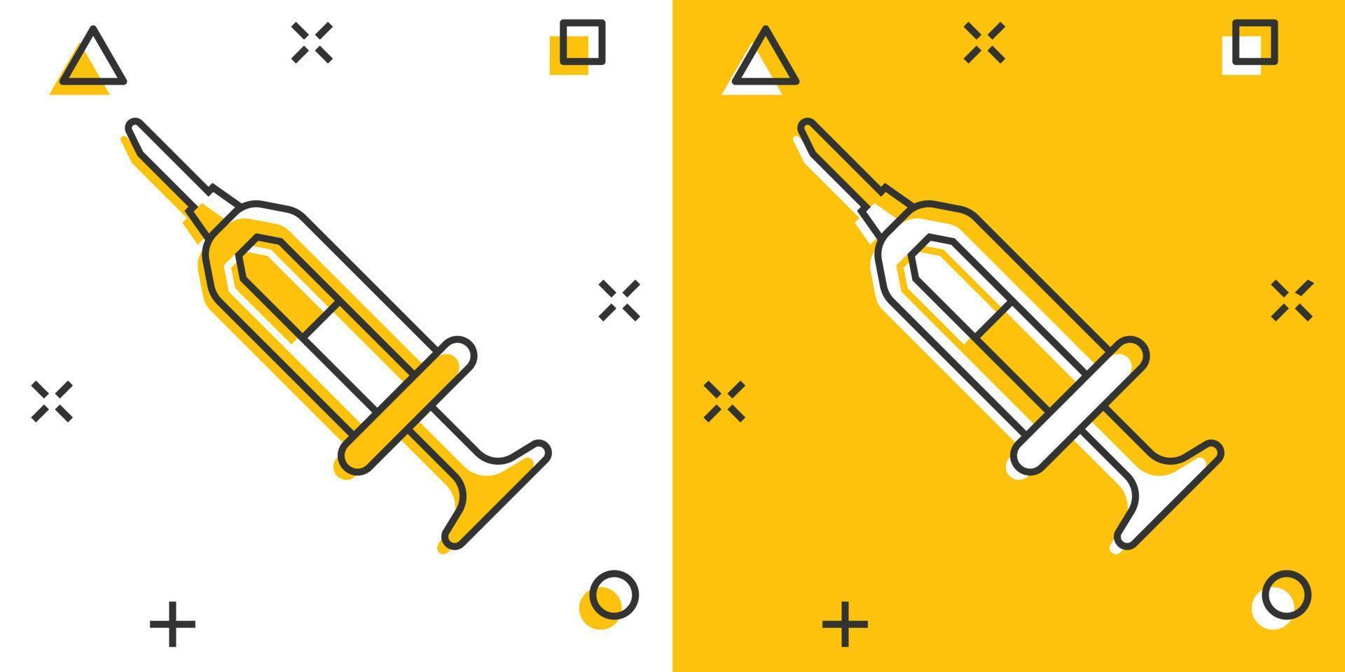 Syringe icon in comic style. Inject needle cartoon vector illustration on white isolated background. Drug dose splash effect business concept.