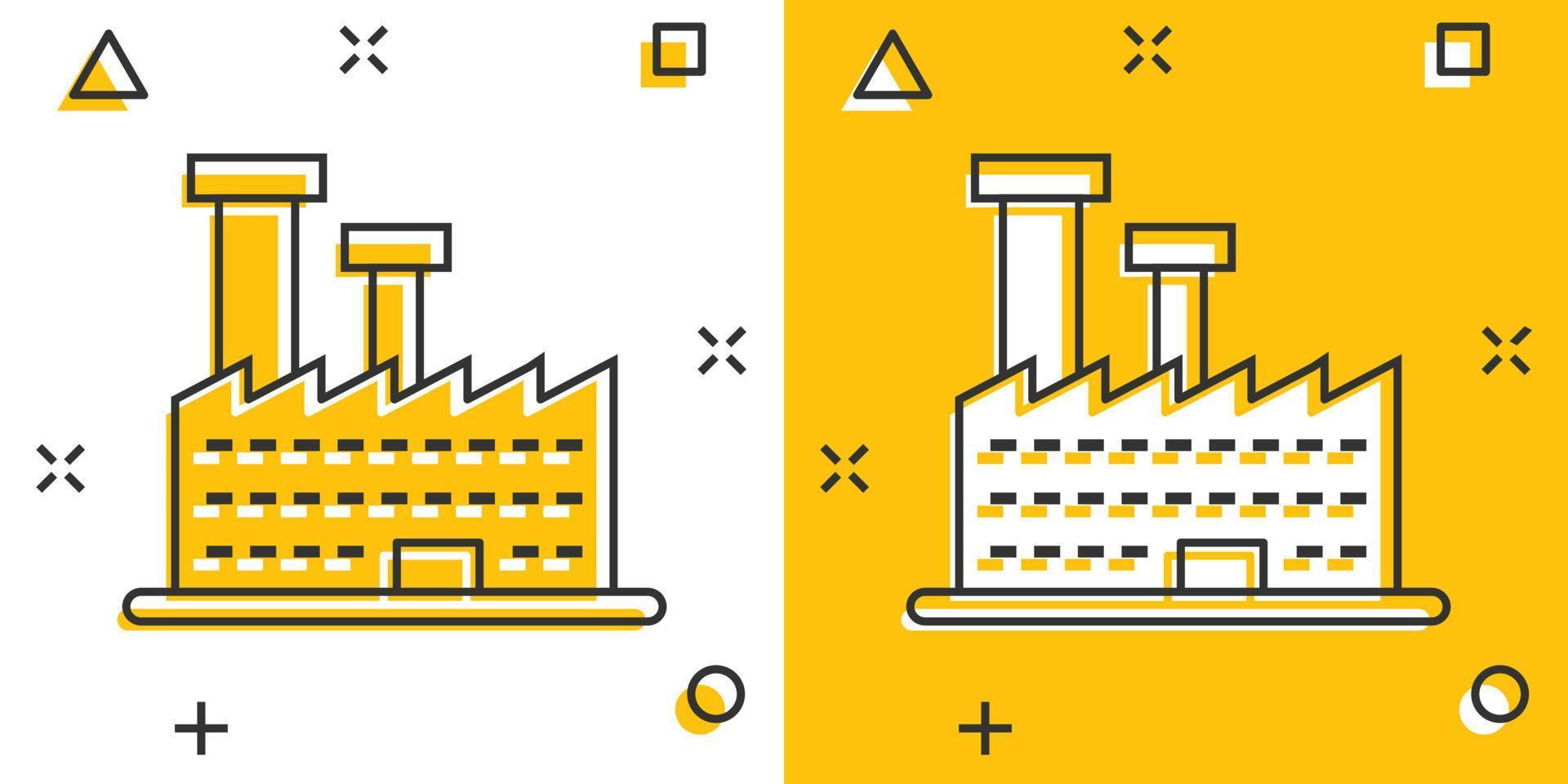 icono de construcción en estilo cómico. ilustración de vector de dibujos animados de fábrica sobre fondo blanco aislado. concepto de negocio de efecto de salpicadura de torre de la ciudad.