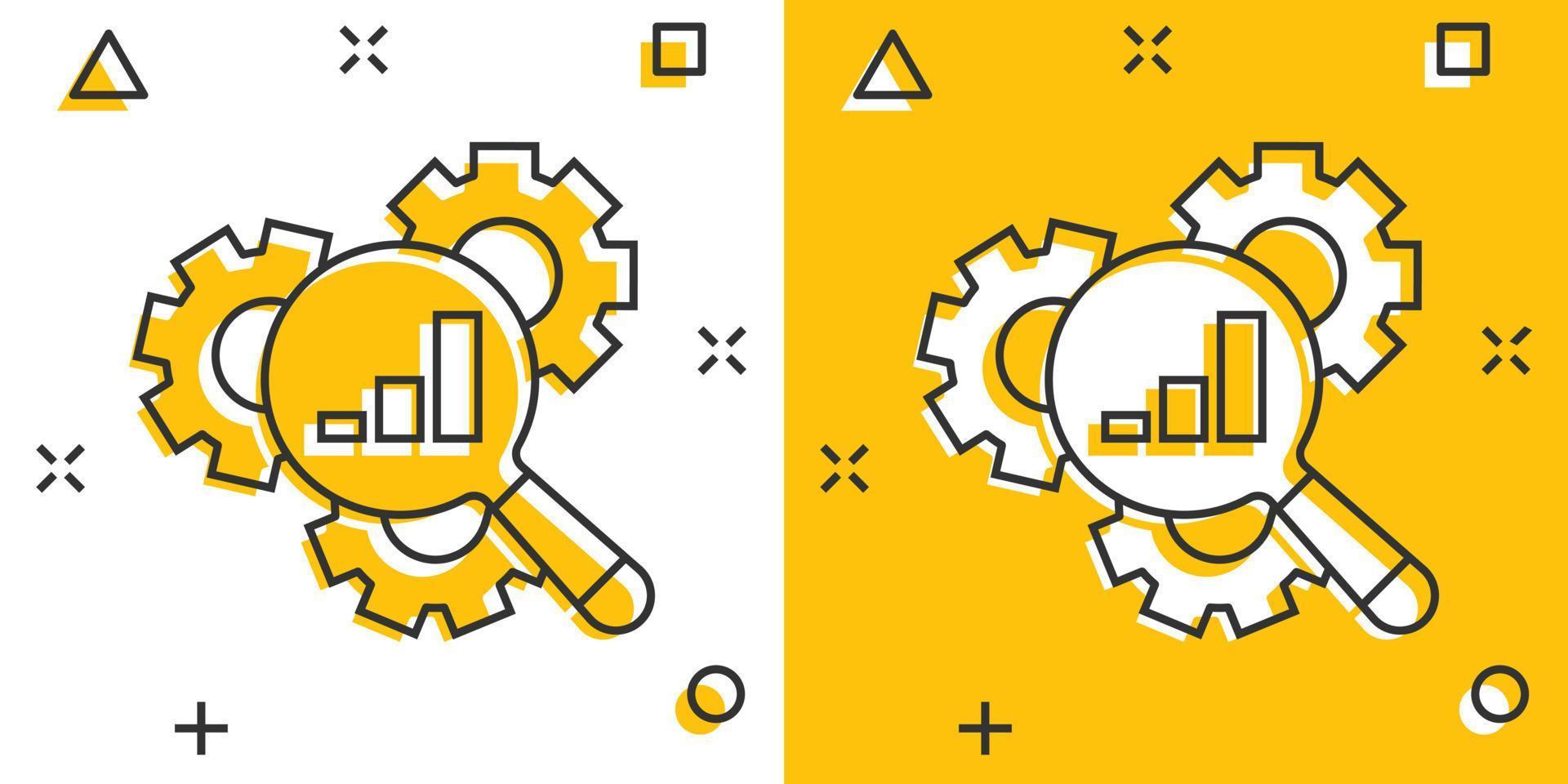 Loupe with gear icon in comic style. Magnifying glass cartoon vector illustration on white isolated background. Seo exploration splash effect business concept.