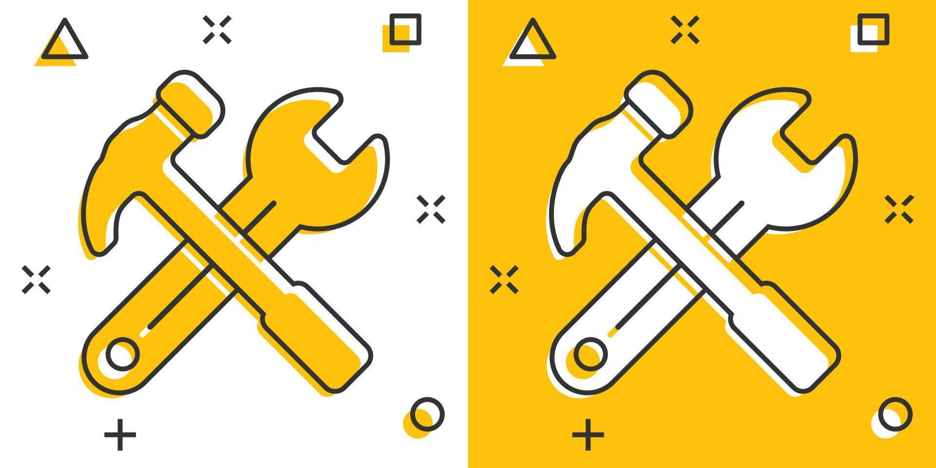 martillo con icono de llave inglesa en estilo plano. ilustración de vector de instrumento de trabajo sobre fondo blanco aislado. concepto de negocio de equipos de reparación.