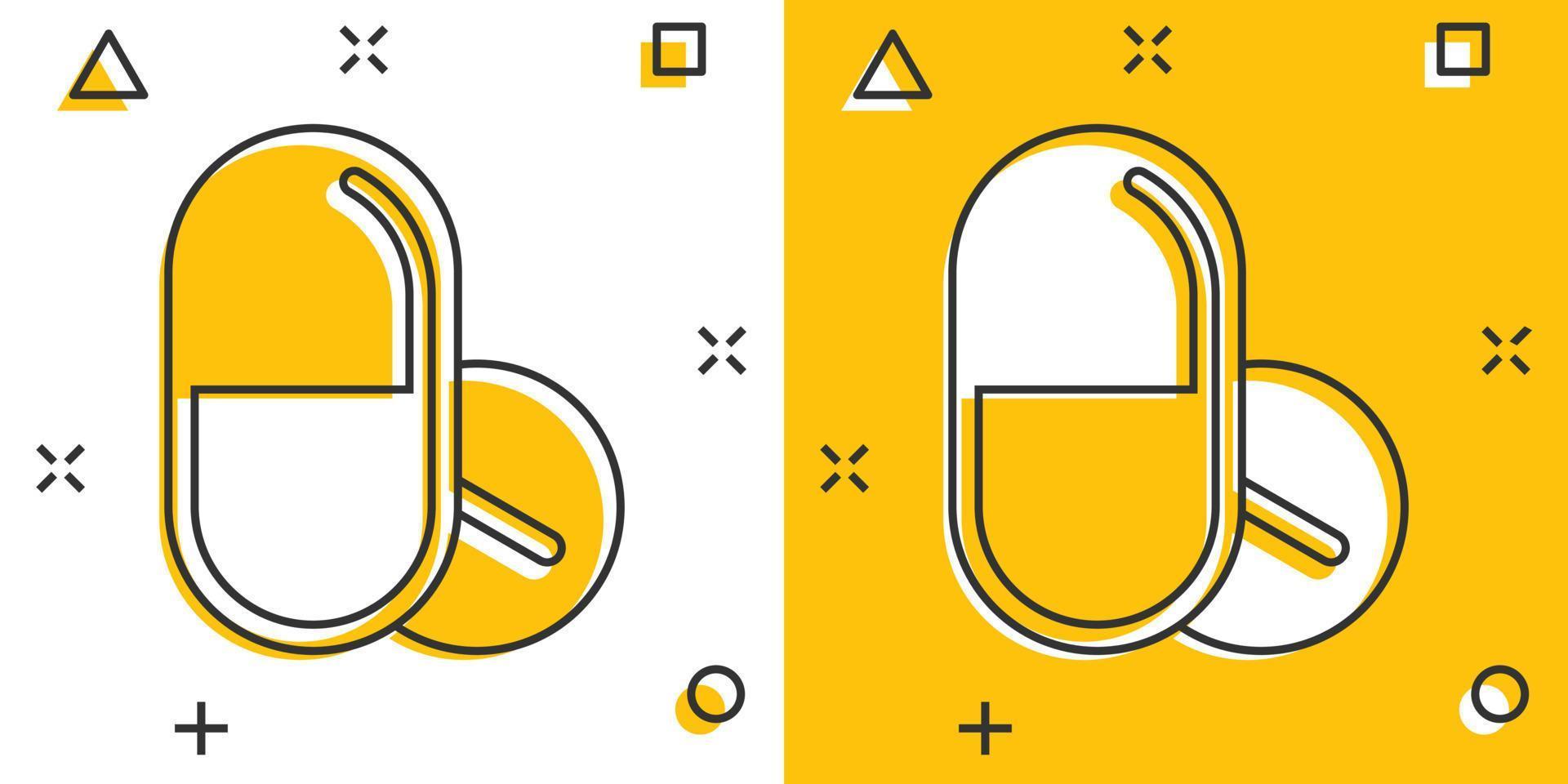 Pill capsule icon in comic style. Drugs cartoon vector illustration on white isolated background. Pharmacy splash effect business concept.