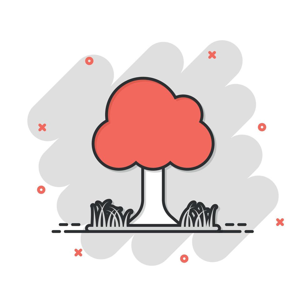 Tree icon in comic style. Forest cartoon vector illustration on white isolated background. Plant splash effect sign business concept.