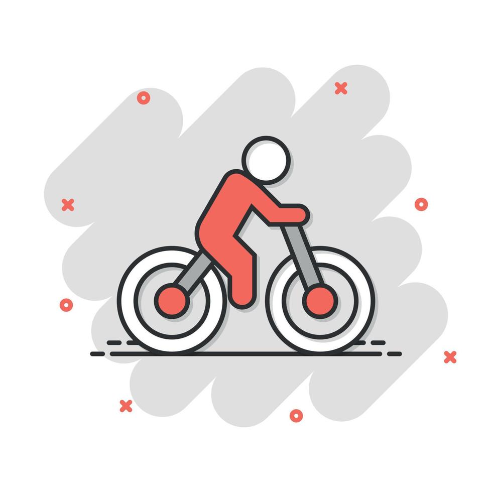 icono de bicicleta en estilo cómico. Bicicleta con ilustración de vector de dibujos animados de personas sobre fondo blanco aislado. concepto de negocio de efecto de salpicadura de jinete.