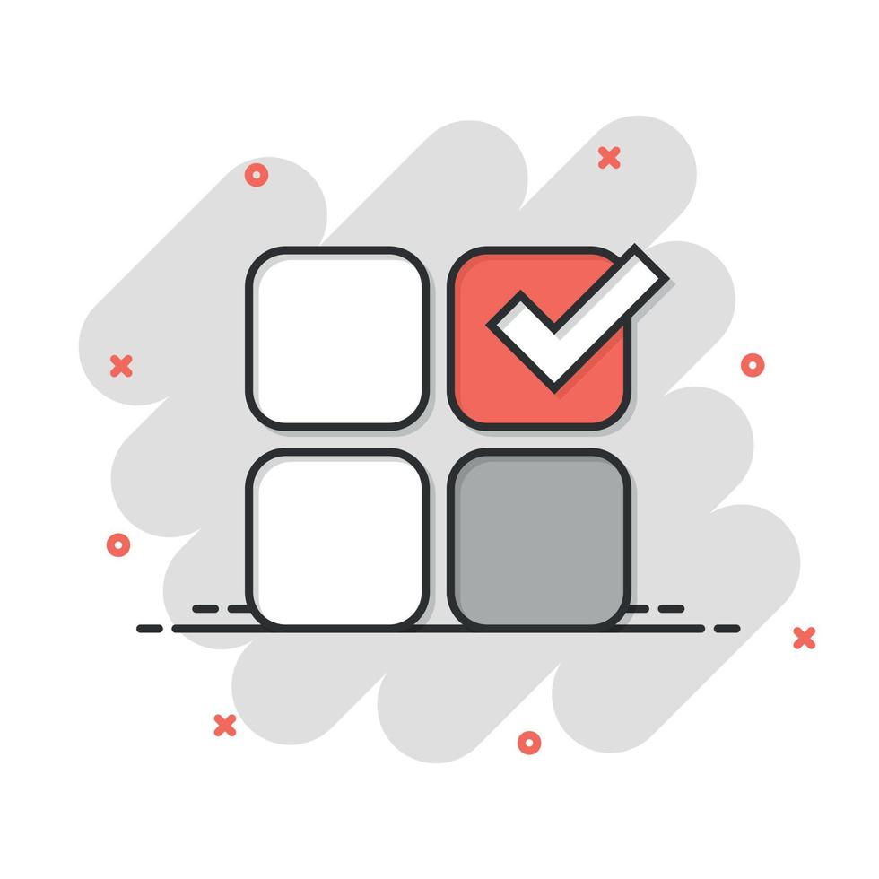 Checklist document icon in comic style. Survey cartoon vector illustration on white isolated background. Check mark choice splash effect business concept.