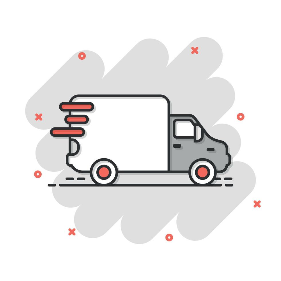 Shipping fast icon in comic style. Delivery truck cartoon vector illustration on isolated background. Express logistic splash effect sign business concept.