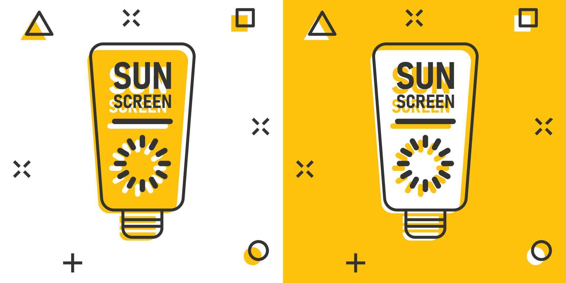 Sun protection icon in comic style. Sunblock cream cartoon vector illustration on white isolated background. Spf care splash effect business concept.