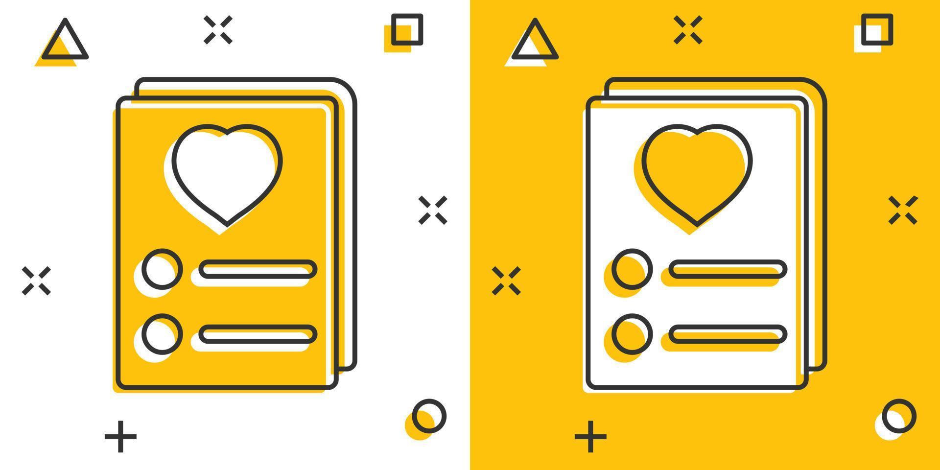 Wishlist icon in comic style. Like document cartoon vector illustration on white isolated background. Favorite list splash effect business concept.