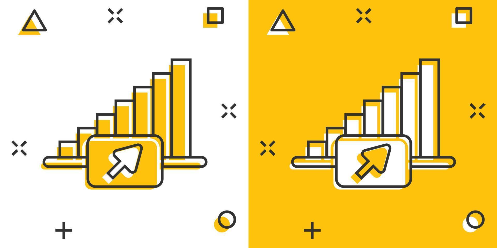 Market trend icon in comic style. Growth arrow with magnifier cartoon vector illustration on white isolated background. Increase splash effect business concept.
