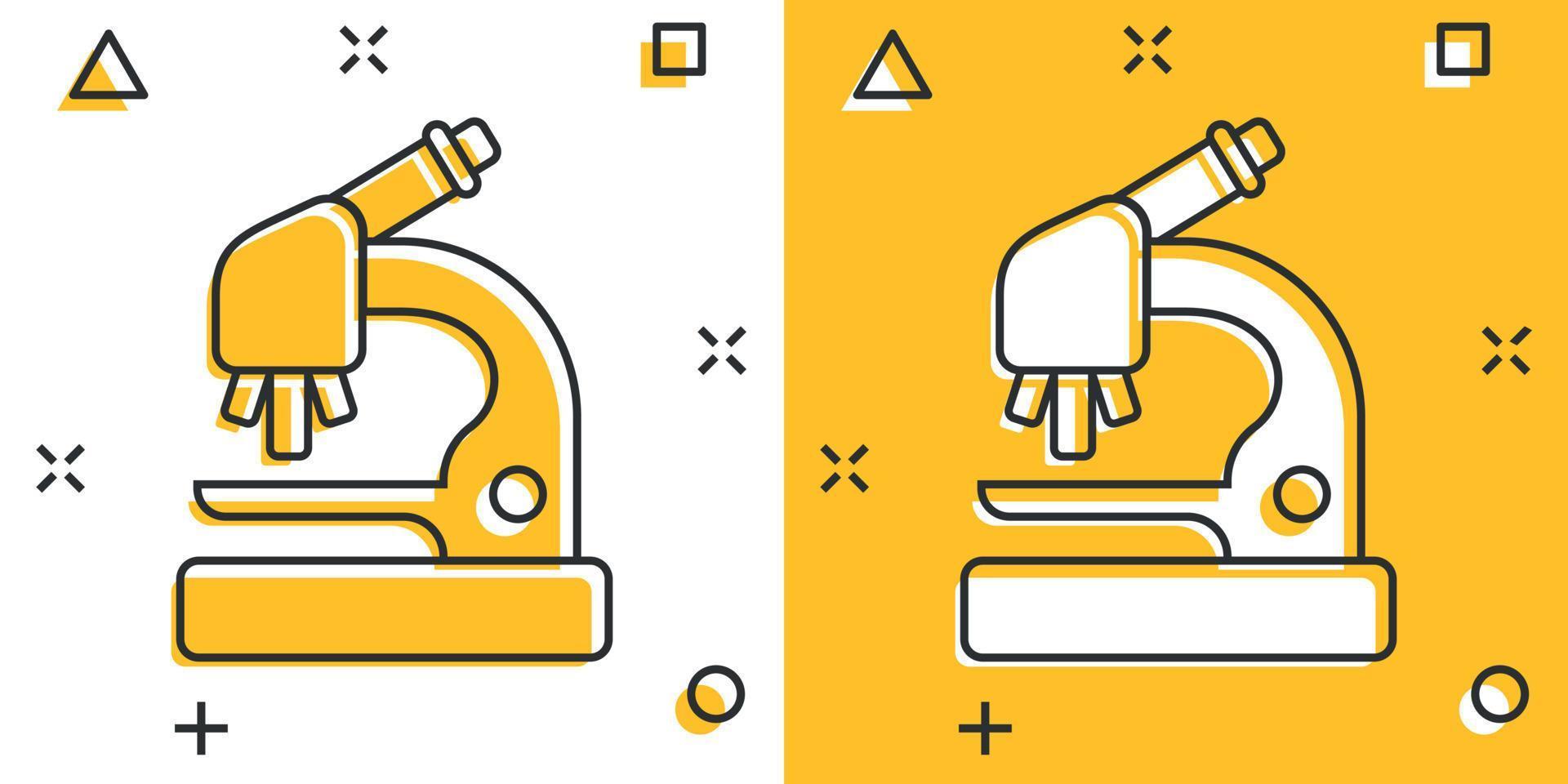 icono de microscopio en estilo cómico. Ilustración de vector de dibujos animados de lupa de laboratorio sobre fondo aislado. concepto de negocio de signo de efecto de salpicadura de instrumento de biología.