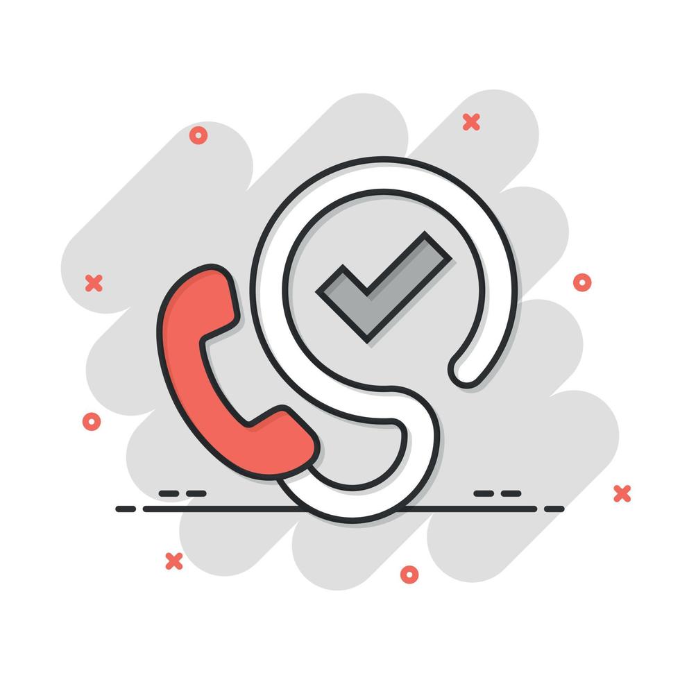 Phone check mark icon in comic style. Smartphone approval cartoon vector illustration on white isolated background. Confirm splash effect business concept.