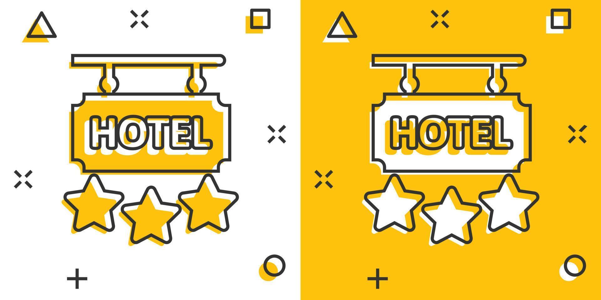 Hotel 3 stars sign icon in comic style. Inn cartoon vector illustration on white isolated background. Hostel room information splash effect business concept.