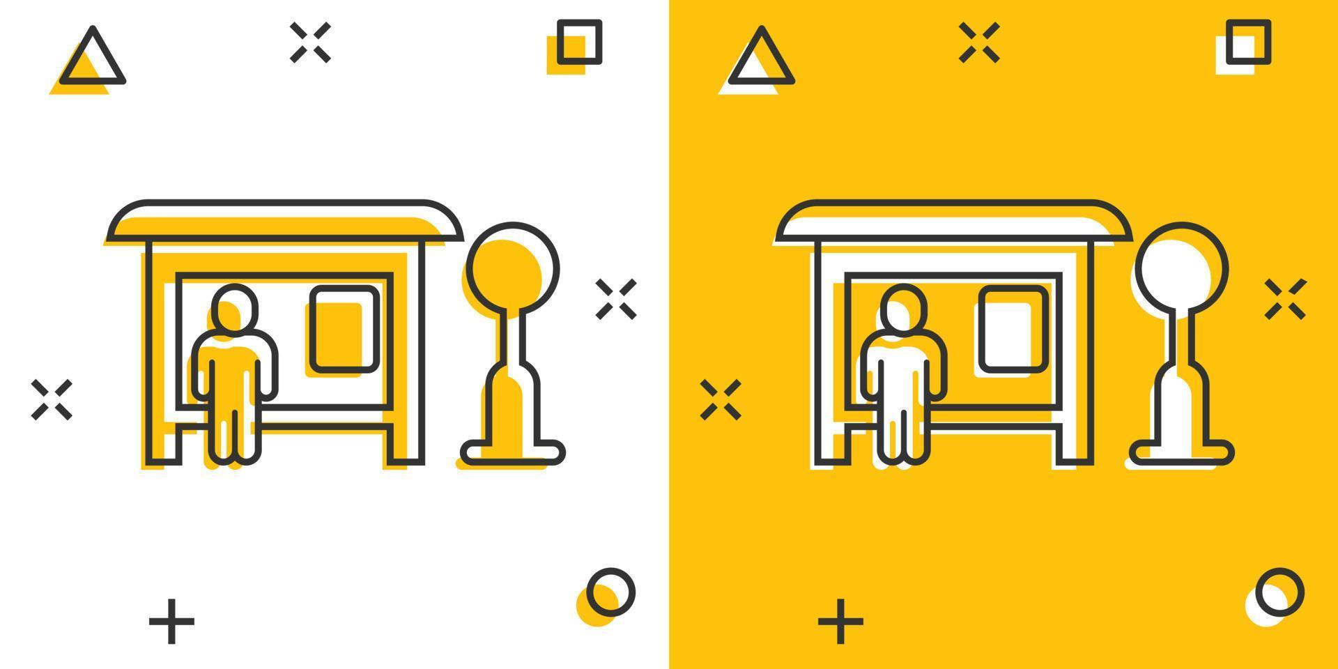Bus station icon in comic style. Auto stop cartoon vector illustration on white isolated background. Autobus vehicle splash effect business concept.