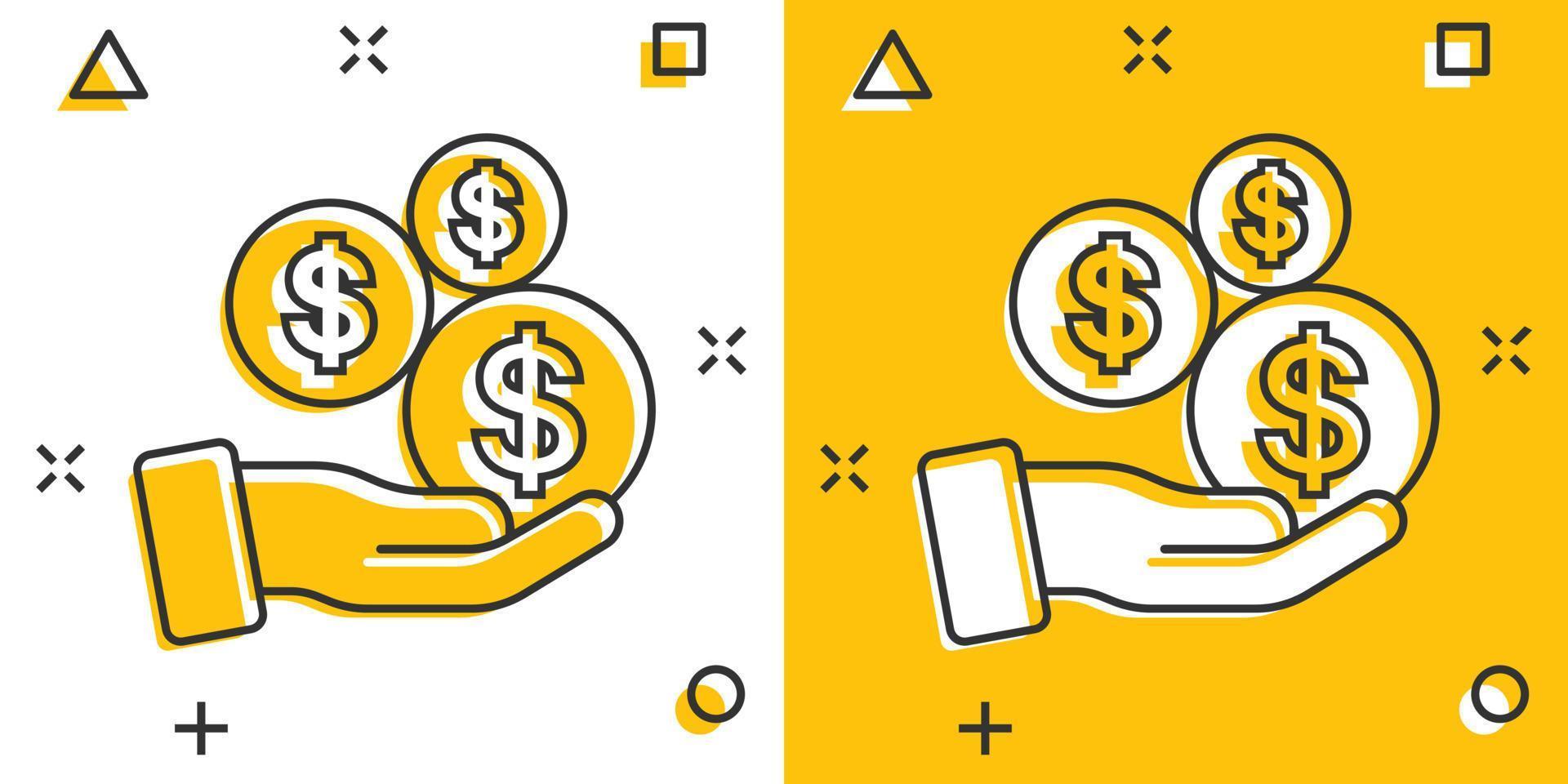 Remuneration icon in comic style. Money in hand cartoon vector illustration on white isolated background. Coin payroll splash effect business concept.