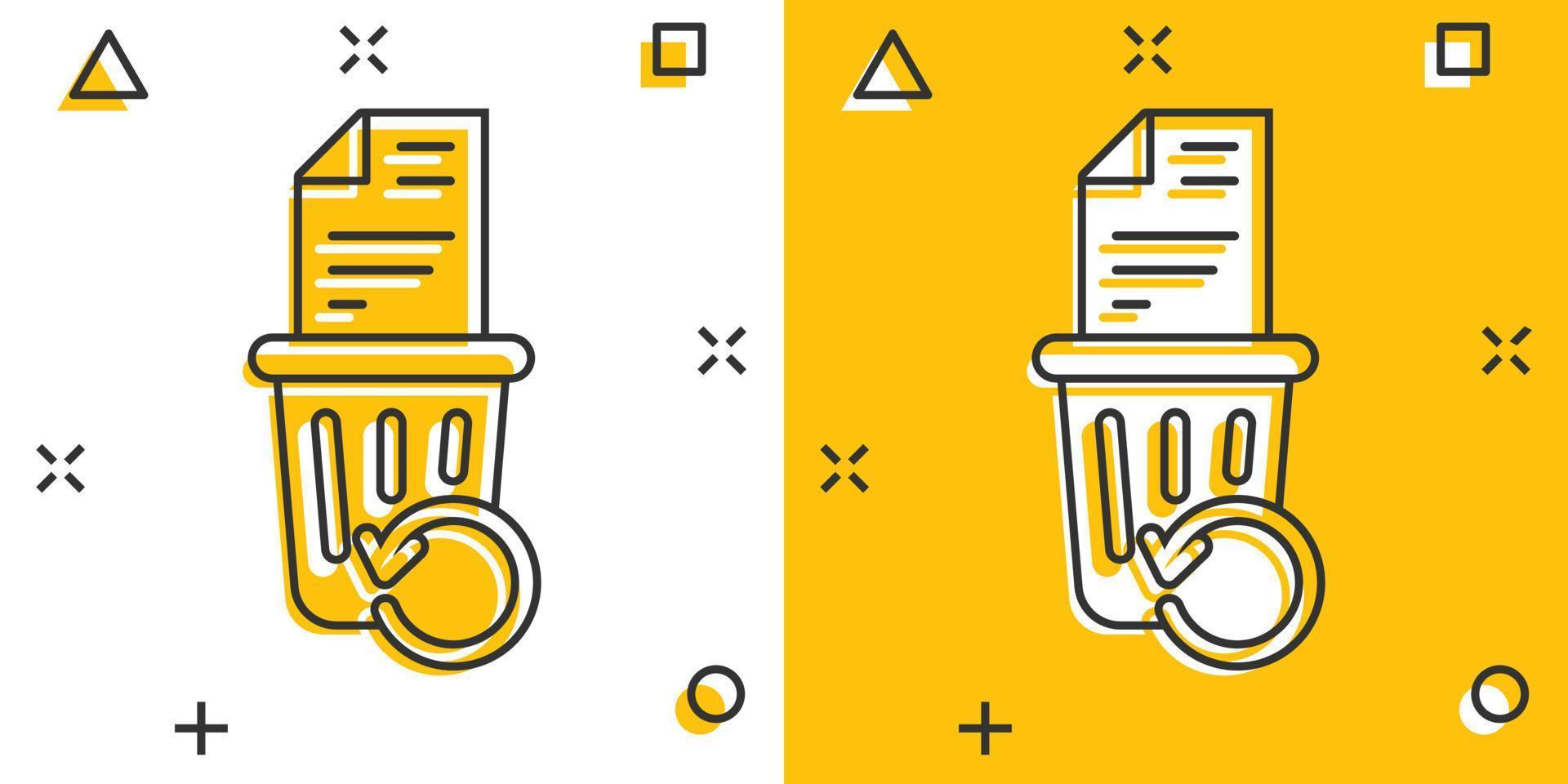 Trash bin with document icon in comic style. Paper recycle cartoon vector illustration on white isolated background. Office garbage splash effect business concept.