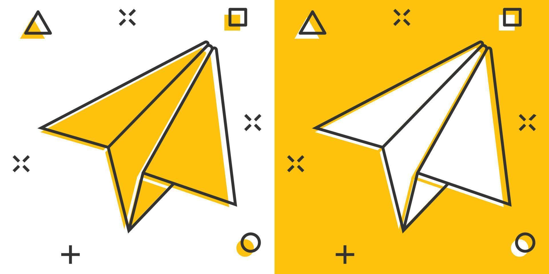 icono de avión de papel en estilo cómico. mensaje enviado ilustración vectorial de dibujos animados sobre fondo blanco aislado. concepto de negocio de efecto de salpicadura de sms de aire. vector