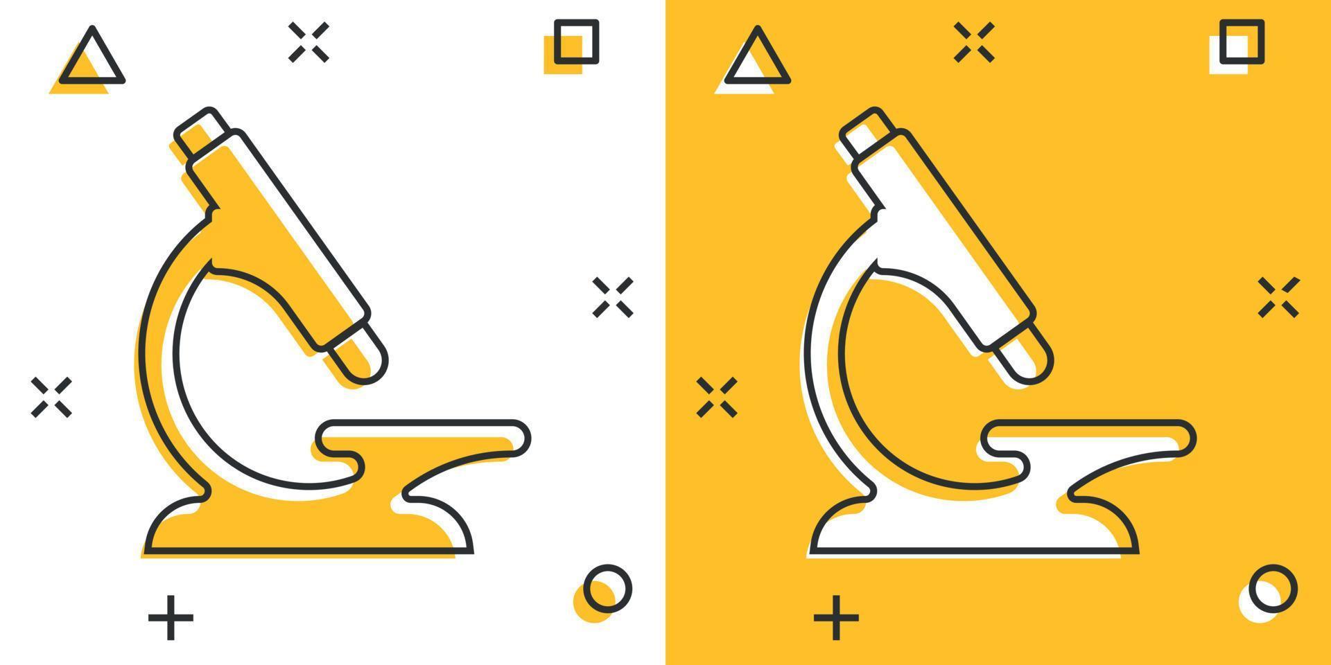 icono de microscopio en estilo cómico. Ilustración de vector de dibujos animados de lupa de laboratorio sobre fondo aislado. concepto de negocio de signo de efecto de salpicadura de instrumento de biología.