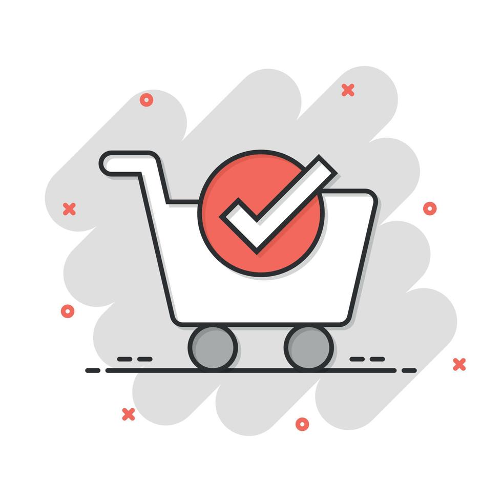 icono de marca de verificación del carrito de compras en estilo cómico. comprar ilustración de vector de dibujos animados de aprobación sobre fondo blanco aislado. confirme el concepto de negocio de efecto de salpicadura.