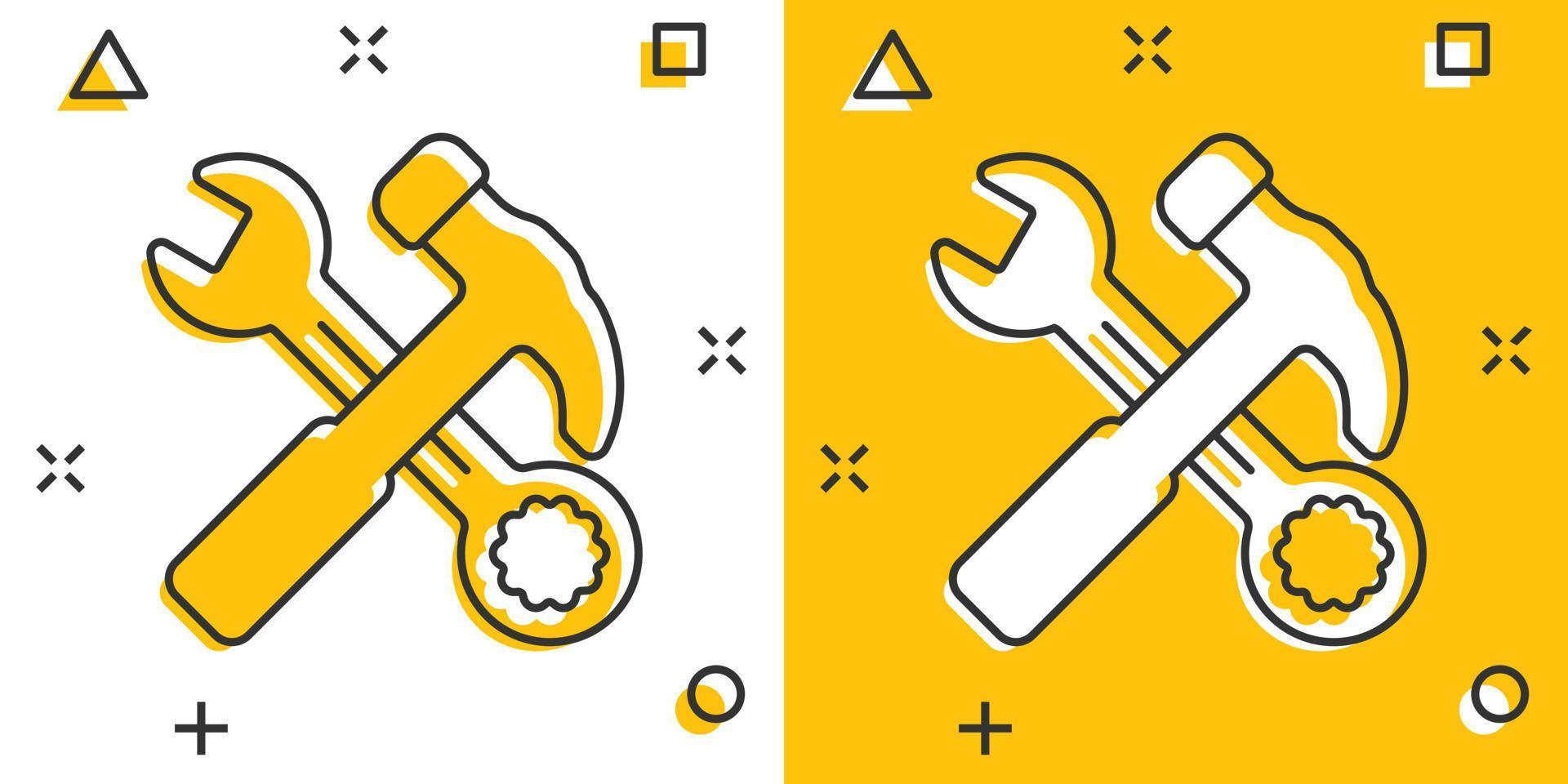 martillo con icono de llave inglesa en estilo plano. ilustración de vector de instrumento de trabajo sobre fondo blanco aislado. concepto de negocio de equipos de reparación.