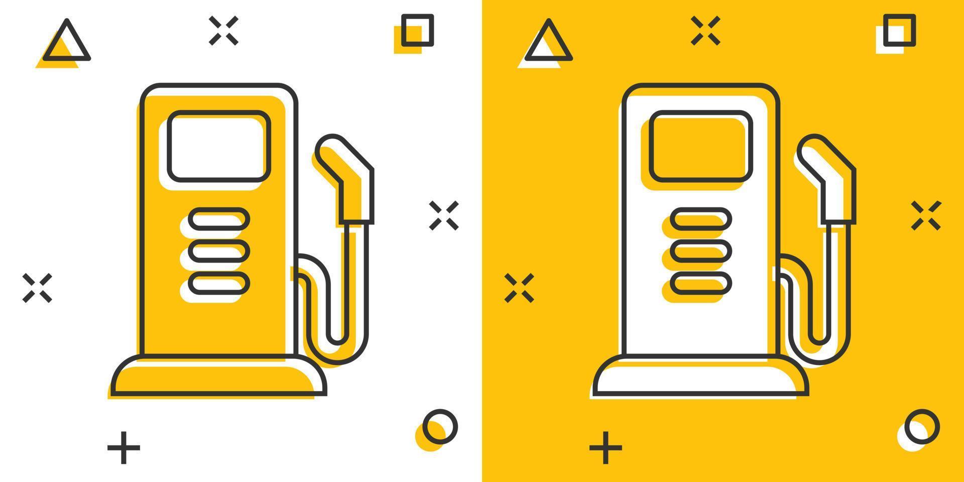 Fuel pump icon in comic style. Gas station cartoon sign vector illustration on white isolated background. Petrol splash effect business concept.