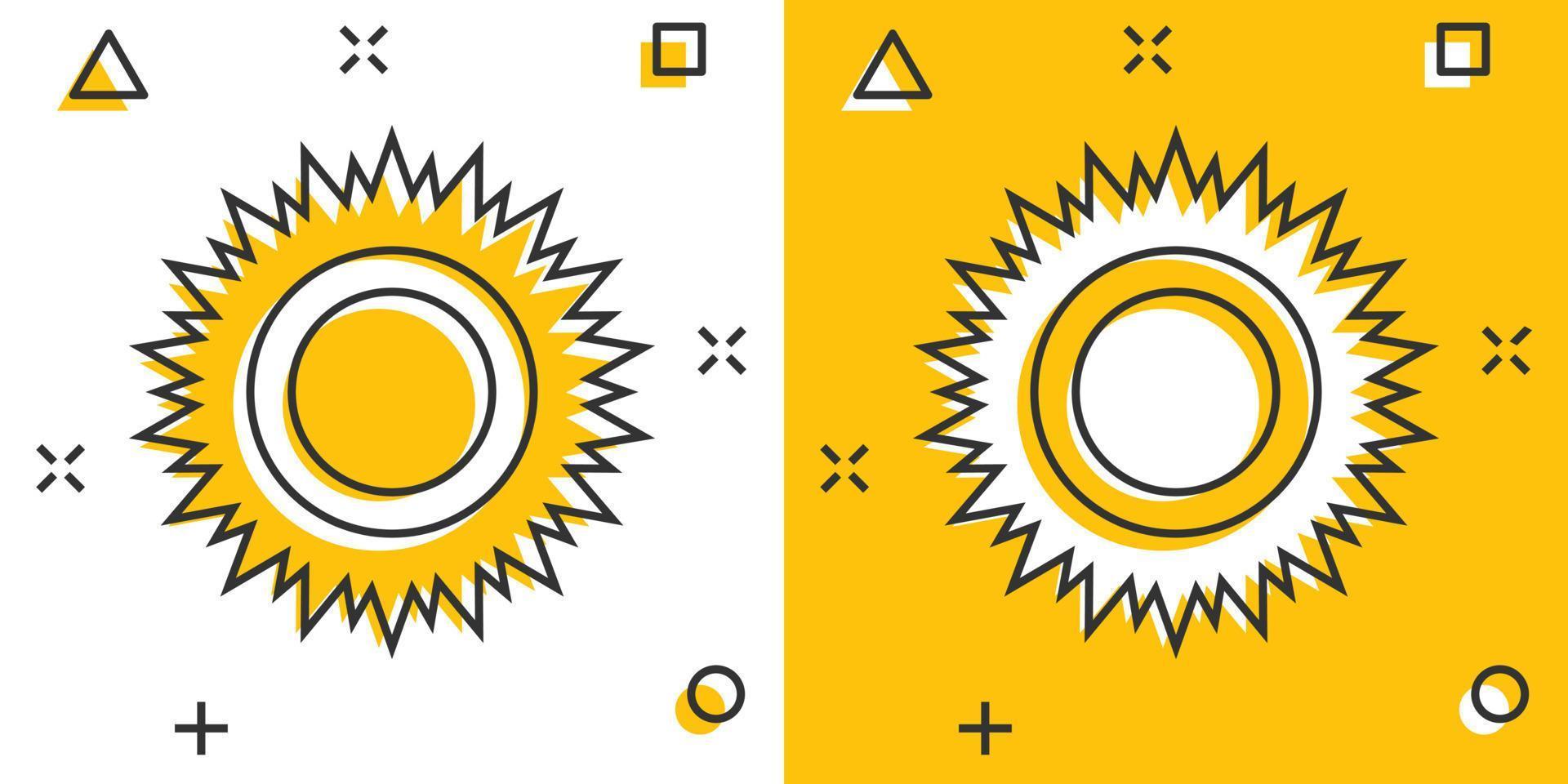 icono de sol en estilo cómico. ilustración de vector de signo de dibujos animados de luz solar sobre fondo blanco aislado. concepto de negocio de efecto de salpicadura de luz diurna.