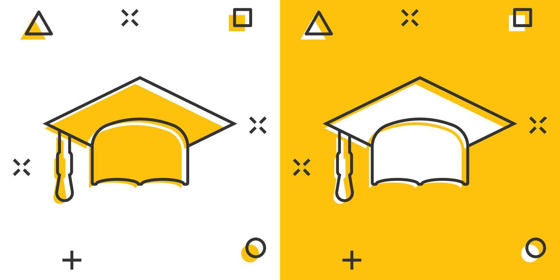 Graduation hat icon in comic style. Student cap cartoon vector illustration on white isolated background. University splash effect business concept.