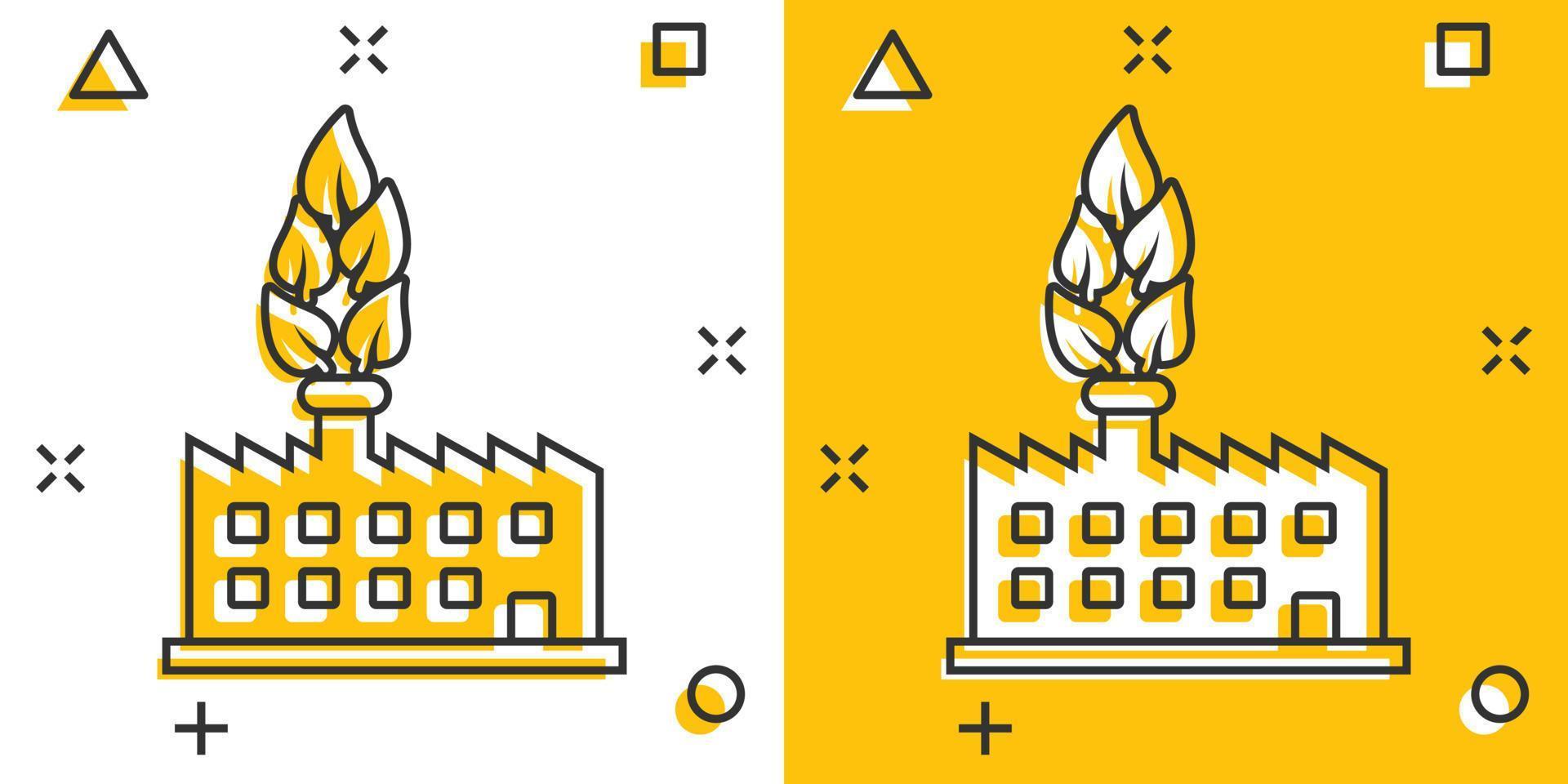 Factory ecology icon in comic style. Eco plant cartoon vector illustration on white isolated background. Nature industry splash effect business concept.
