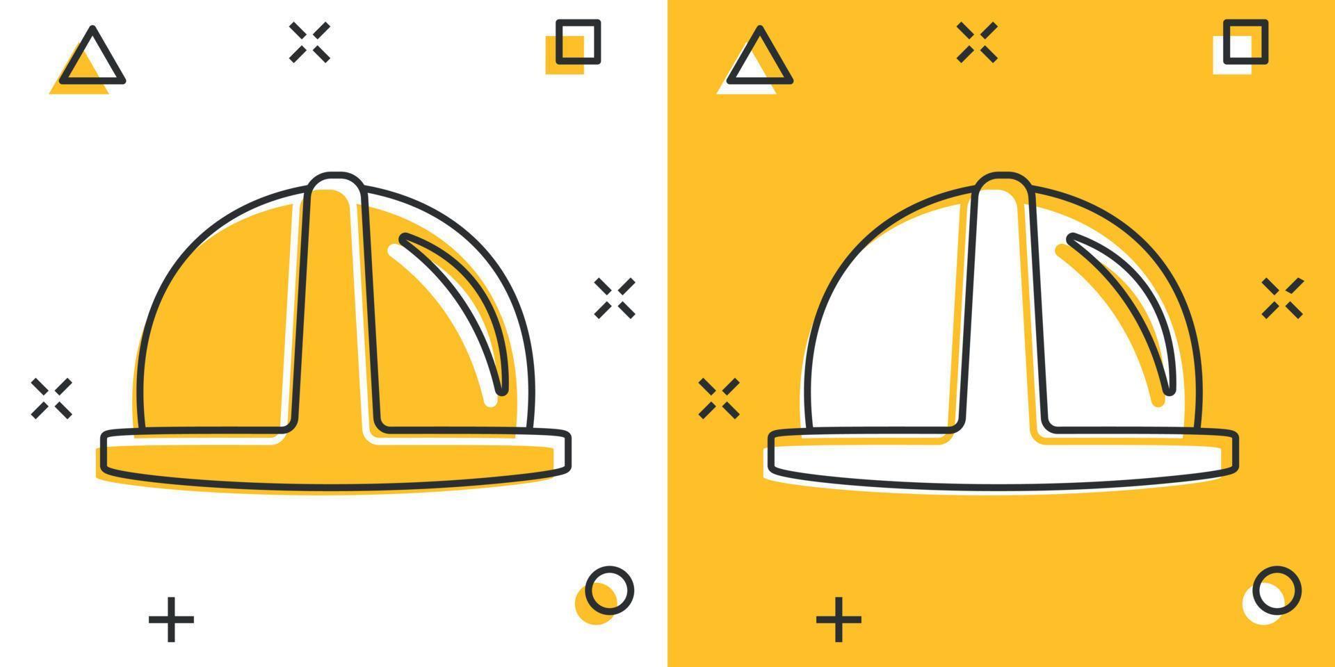 icono de casco de construcción en estilo cómico. tapa de seguridad ilustración vectorial de dibujos animados sobre fondo aislado. concepto de negocio de signo de efecto de salpicadura de sombrero de trabajador. vector