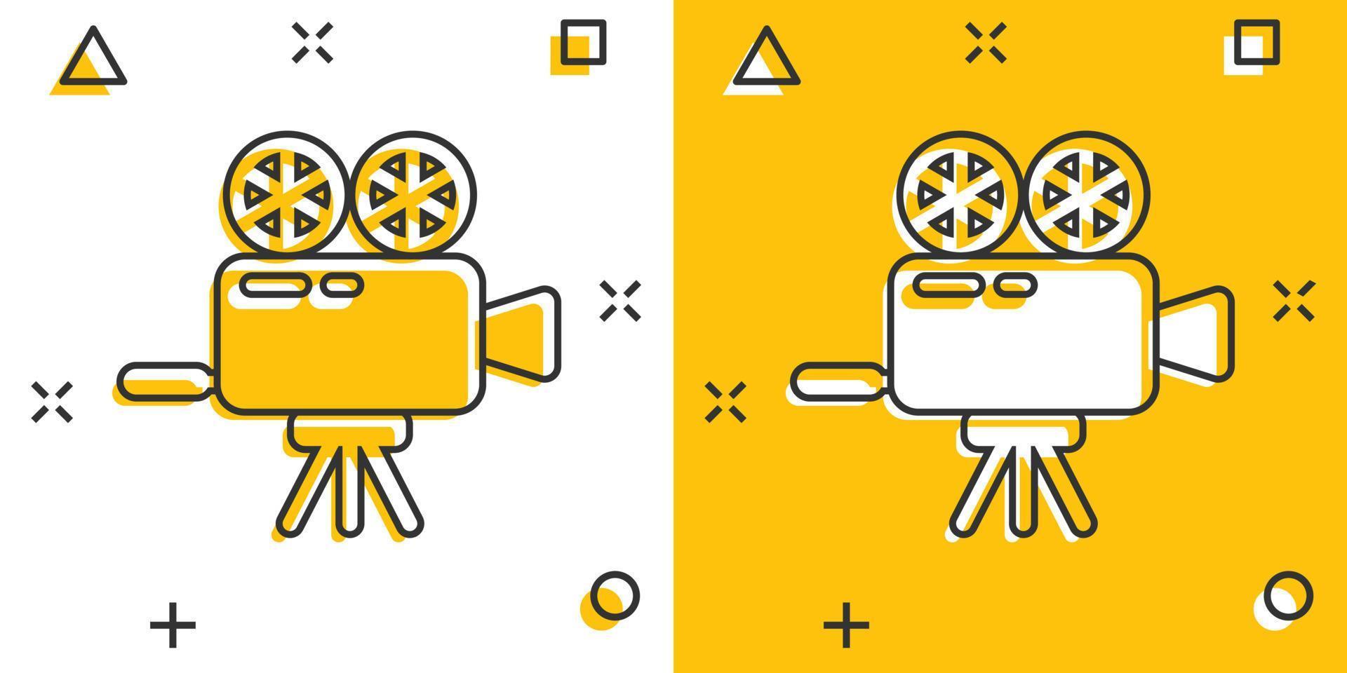 Projector icon in comic style. Cinema camera cartoon vector illustration on white isolated background. Movie splash effect business concept.