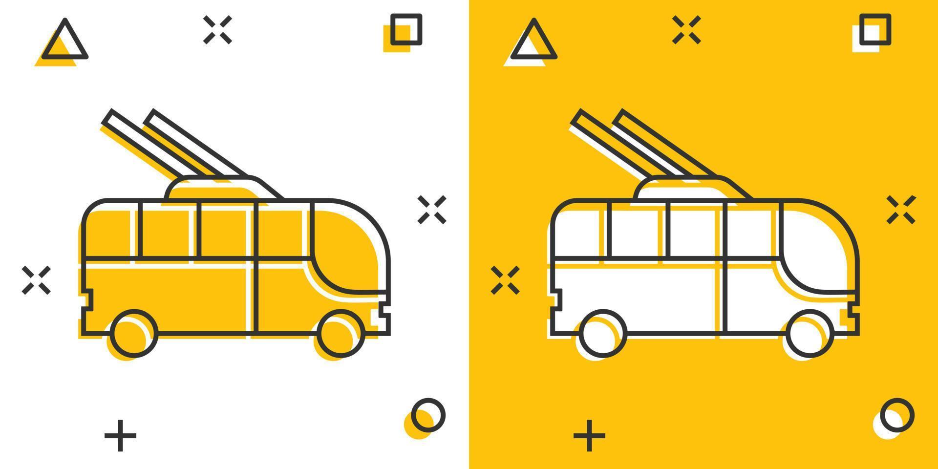 Trolleybus icon in comic style. Trolley bus cartoon vector illustration on white isolated background. Autobus vehicle splash effect business concept.