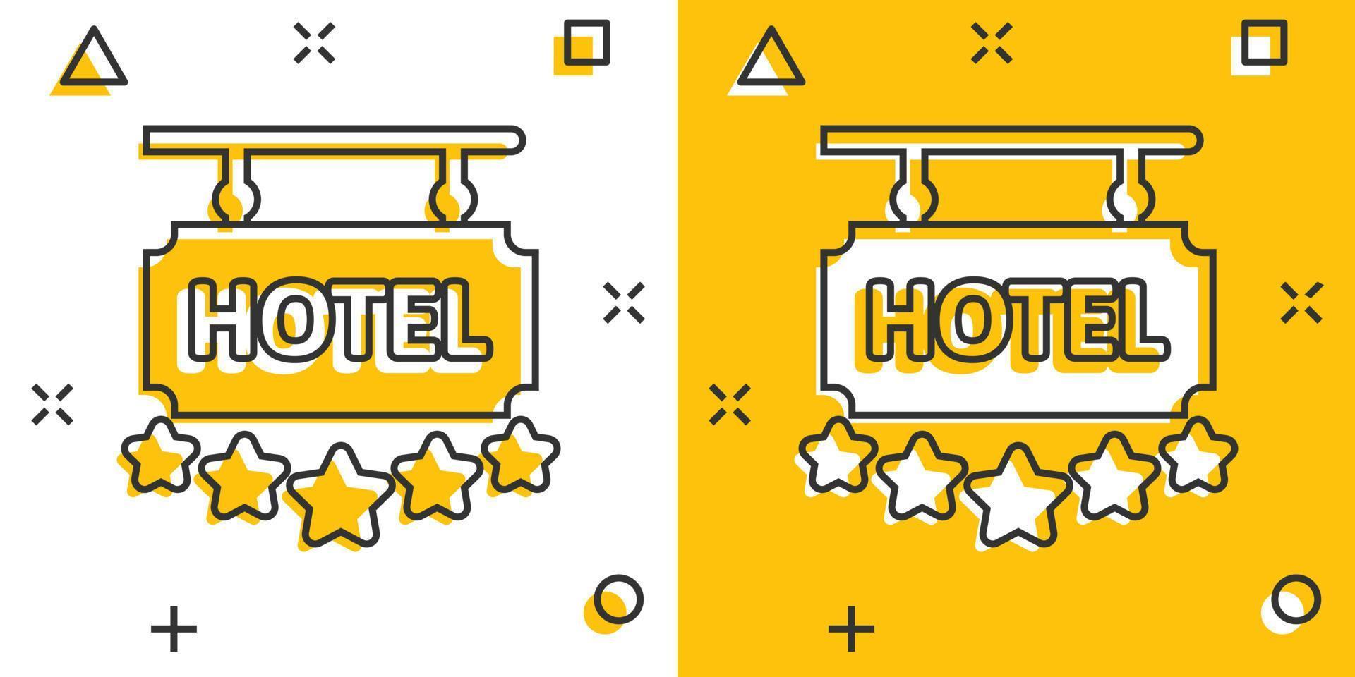 Hotel 5 stars sign icon in comic style. Inn cartoon vector illustration on white isolated background. Hostel room information splash effect business concept.