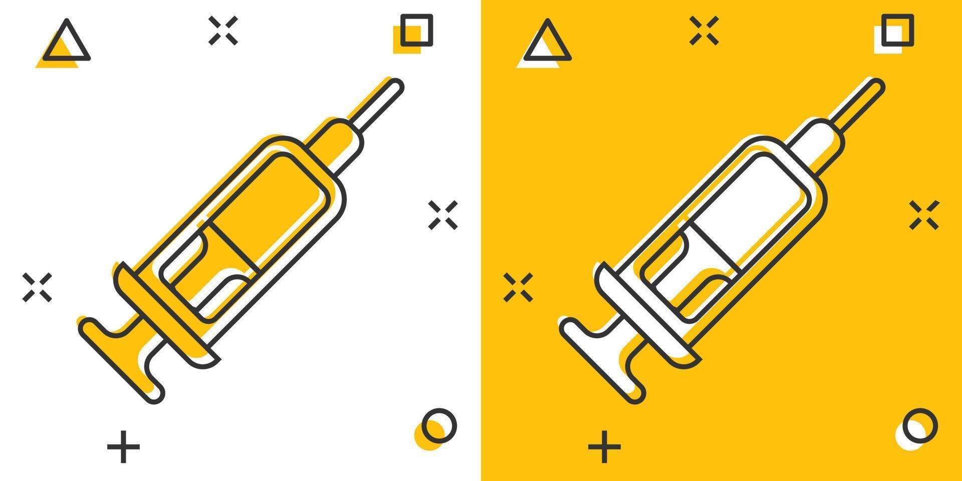 Syringe icon in comic style. Coronavirus vaccine inject cartoon vector illustration on isolated background. Covid-19 vaccination splash effect sign business concept.