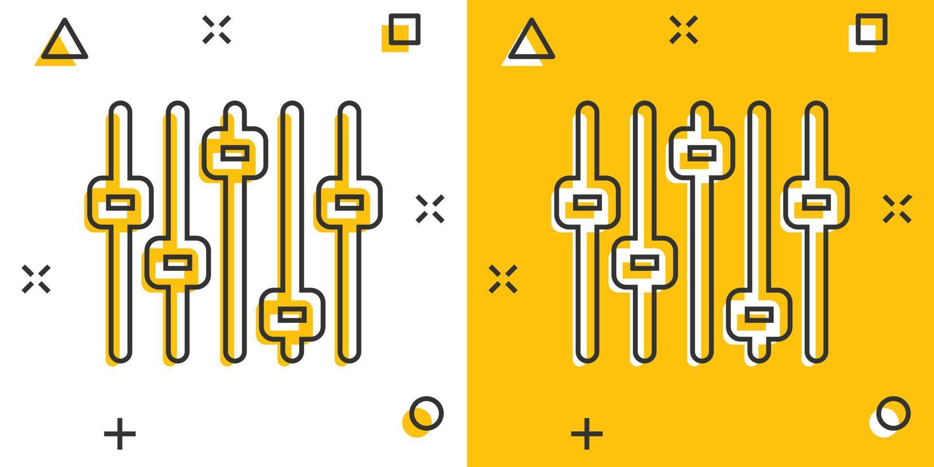 icono de volumen de control en estilo cómico. Ilustración de vector de signo de dibujos animados de ajuste de audio sobre fondo blanco aislado. concepto de negocio de efecto de salpicadura de filtro.