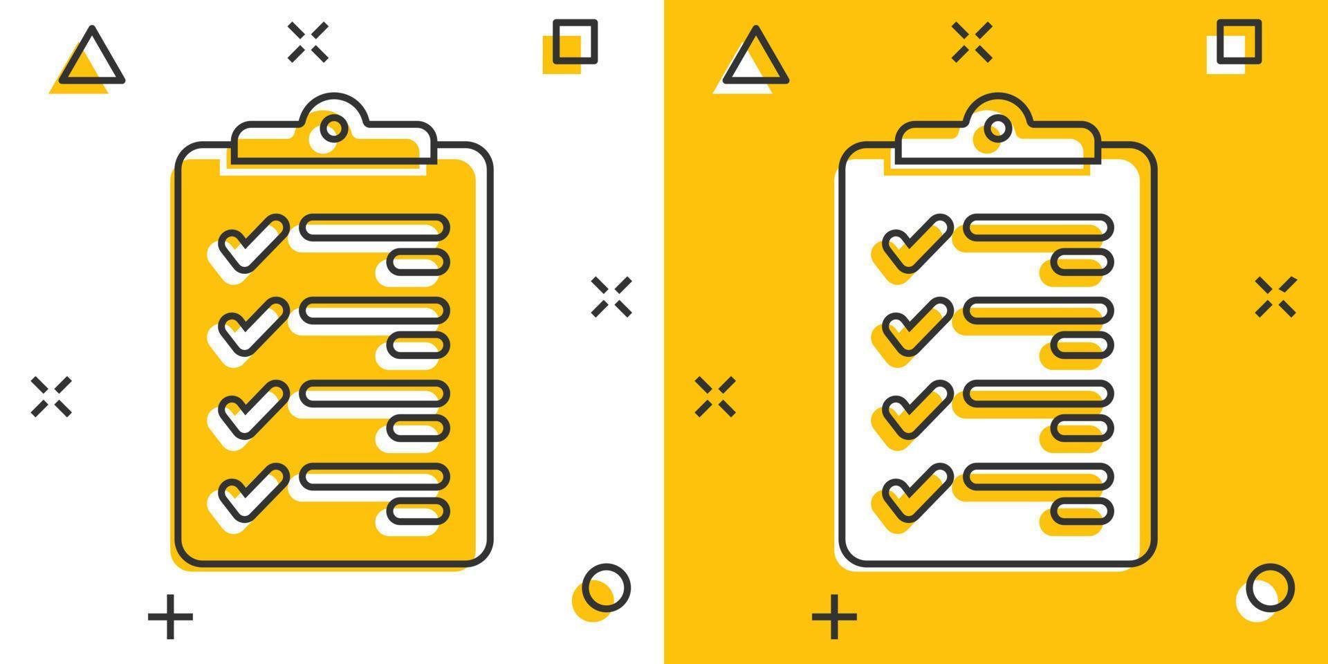 Document checklist icon in comic style. Report cartoon vector illustration on white isolated background. Paper sheet splash effect business concept.