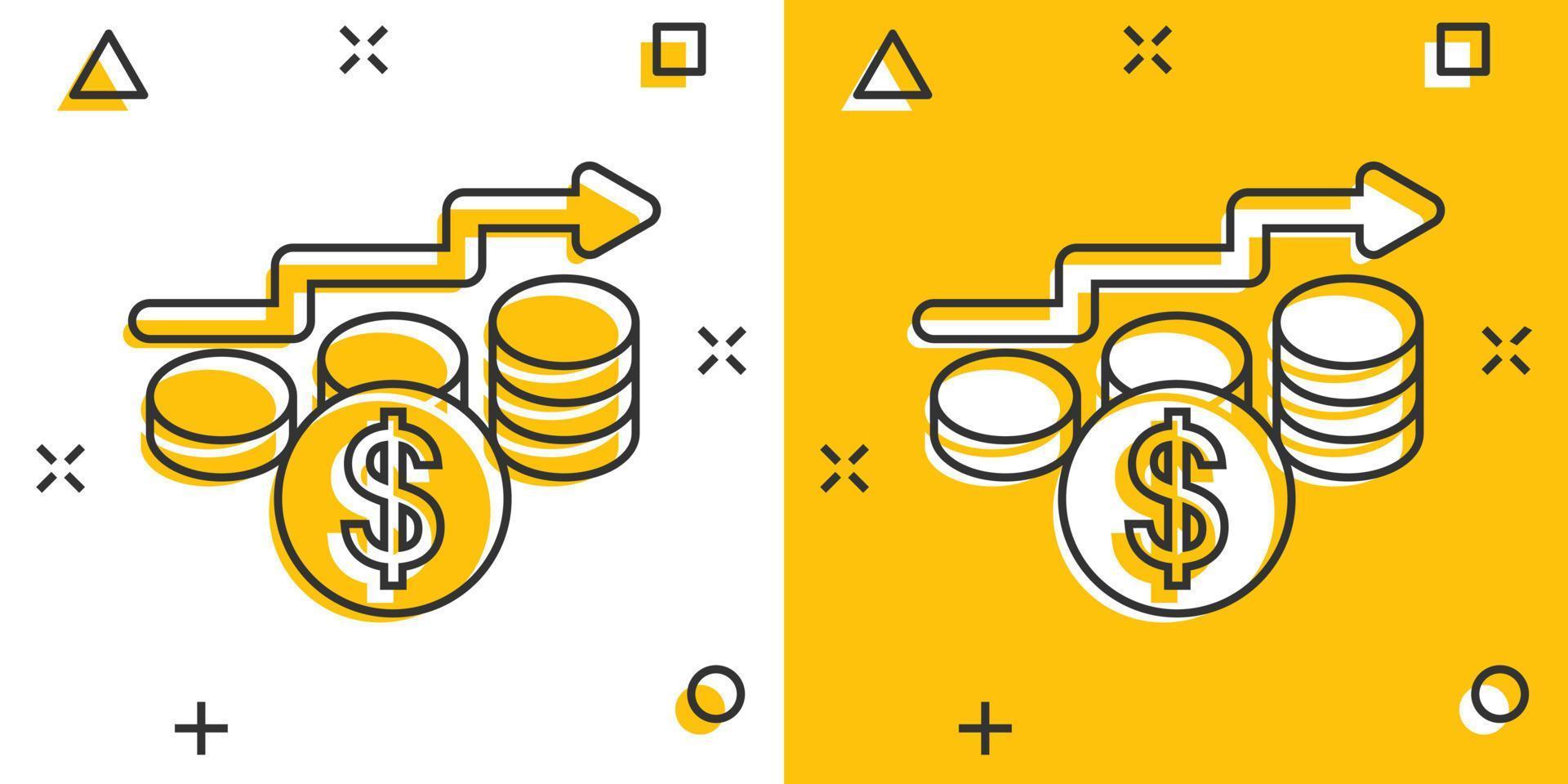 icono de aumento de la tasa de ingresos en estilo cómico. Ilustración de vector de dibujos animados de rendimiento financiero sobre fondo blanco aislado. moneda con concepto de negocio de efecto de salpicadura de flecha de crecimiento.