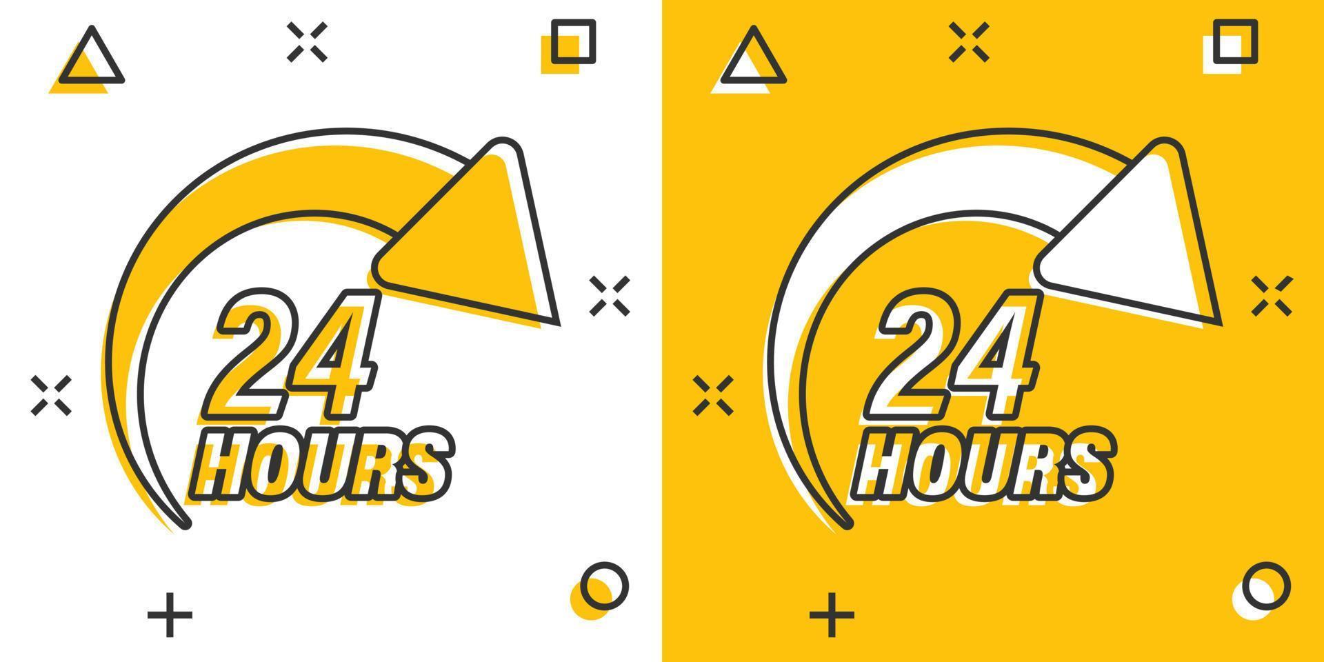 24 hours service icon in comic style. All day business and service cartoon vector illustration on isolated background. Quick service time splash effect sign business concept.