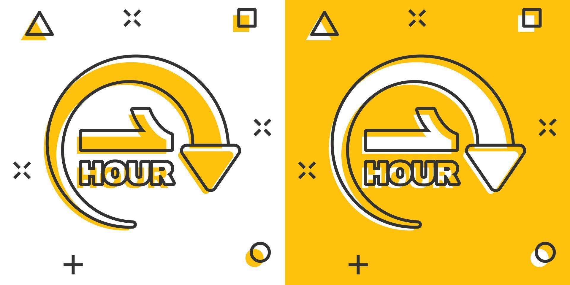 1 hour clock icon in comic style. Timer countdown cartoon vector illustration on isolated background. Time measure splash effect sign business concept.