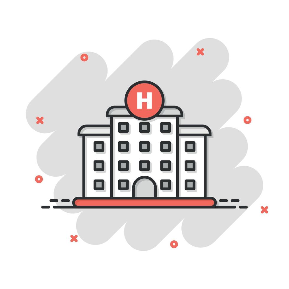 Hospital building icon in comic style. Medical clinic cartoon vector illustration on isolated background. Medicine splash effect sign business concept.