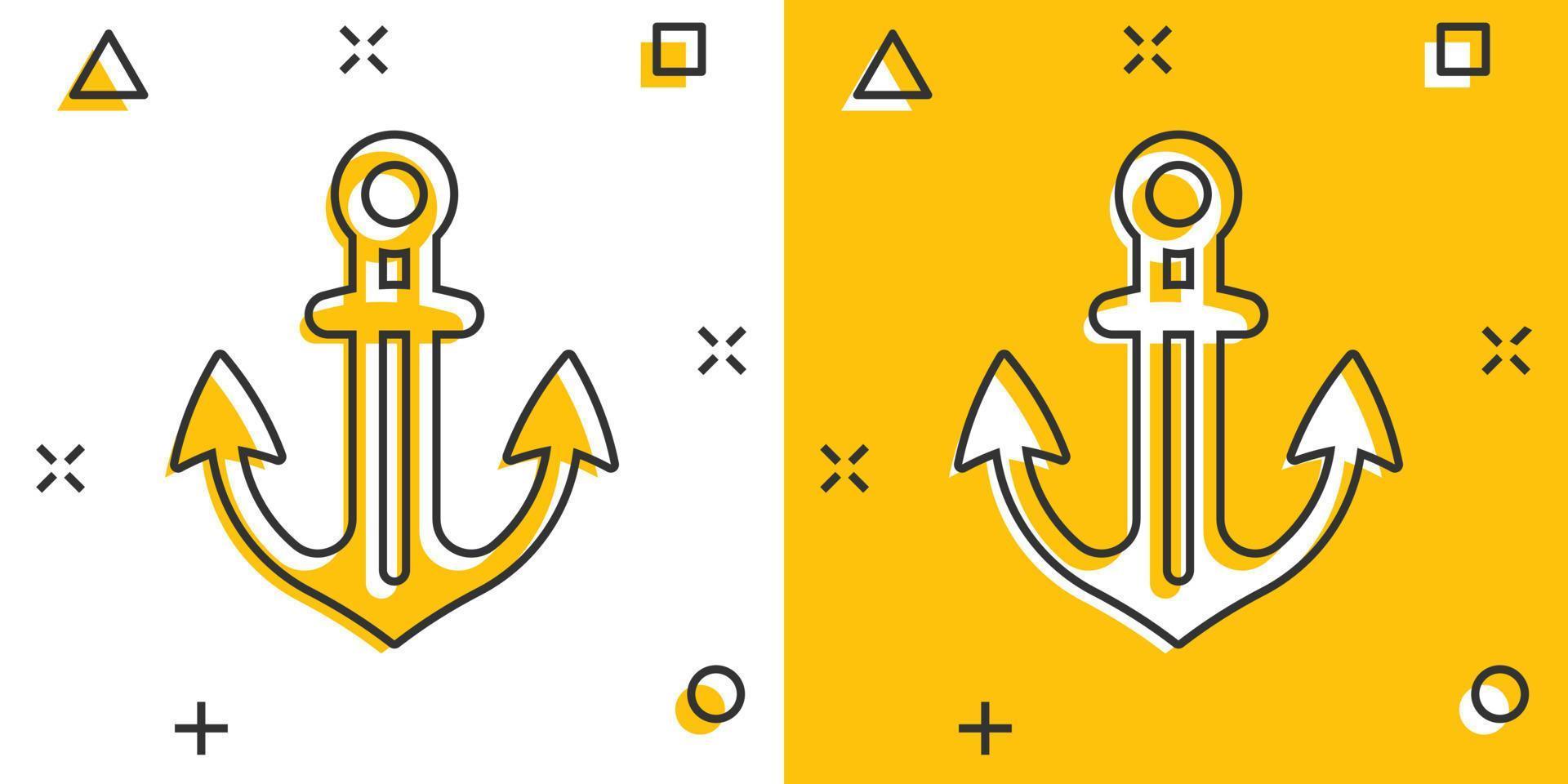 Boat anchor icon in comic style. Vessel hook cartoon vector illustration on white isolated background. Ship equipment splash effect business concept.