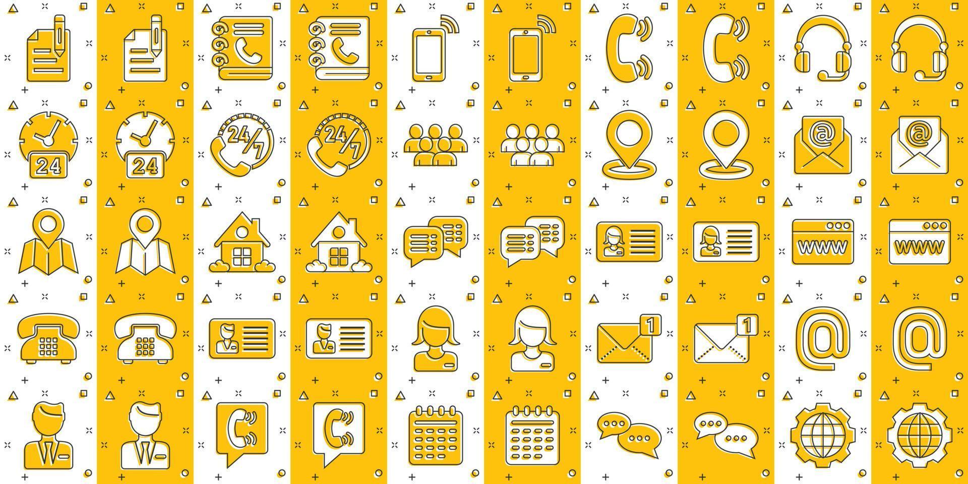 Contact icon set in comic style. Phone communication cartoon vector illustration on white isolated background. Website equipment splash effect business concept.