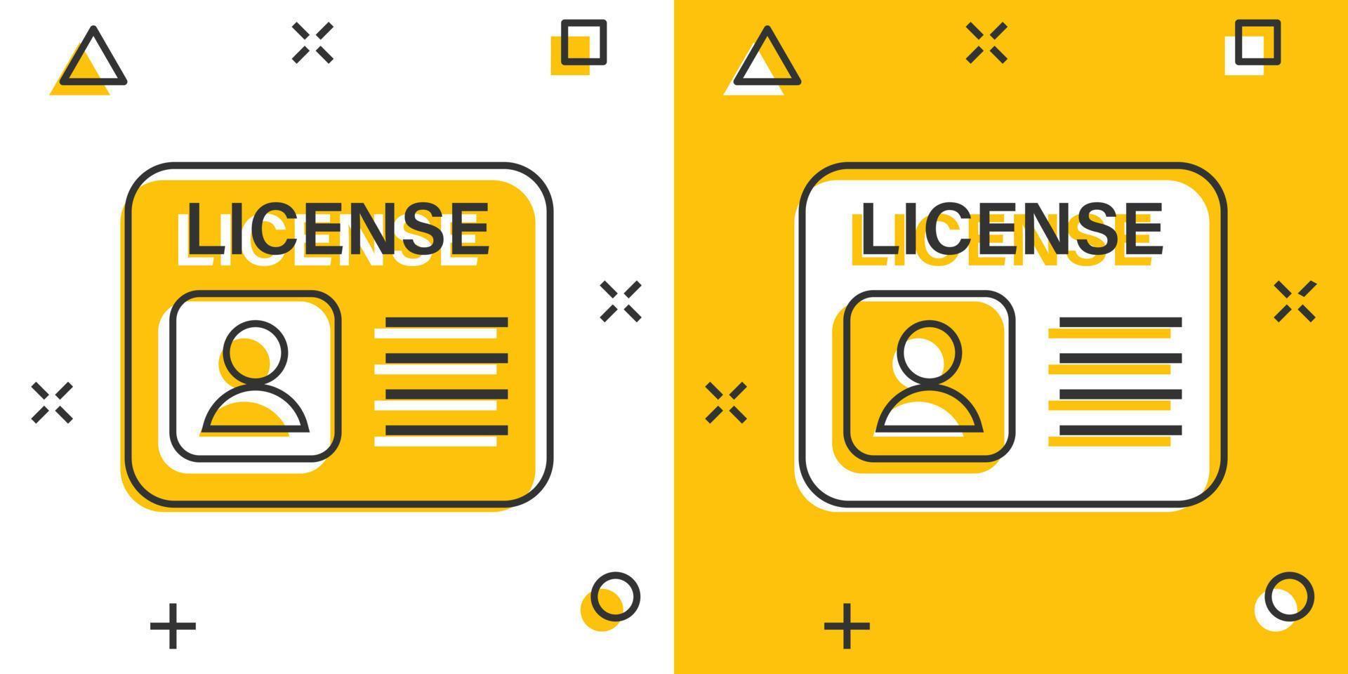Driver license icon in comic style. Id card cartoon vector illustration on white isolated background. Identity splash effect business concept.
