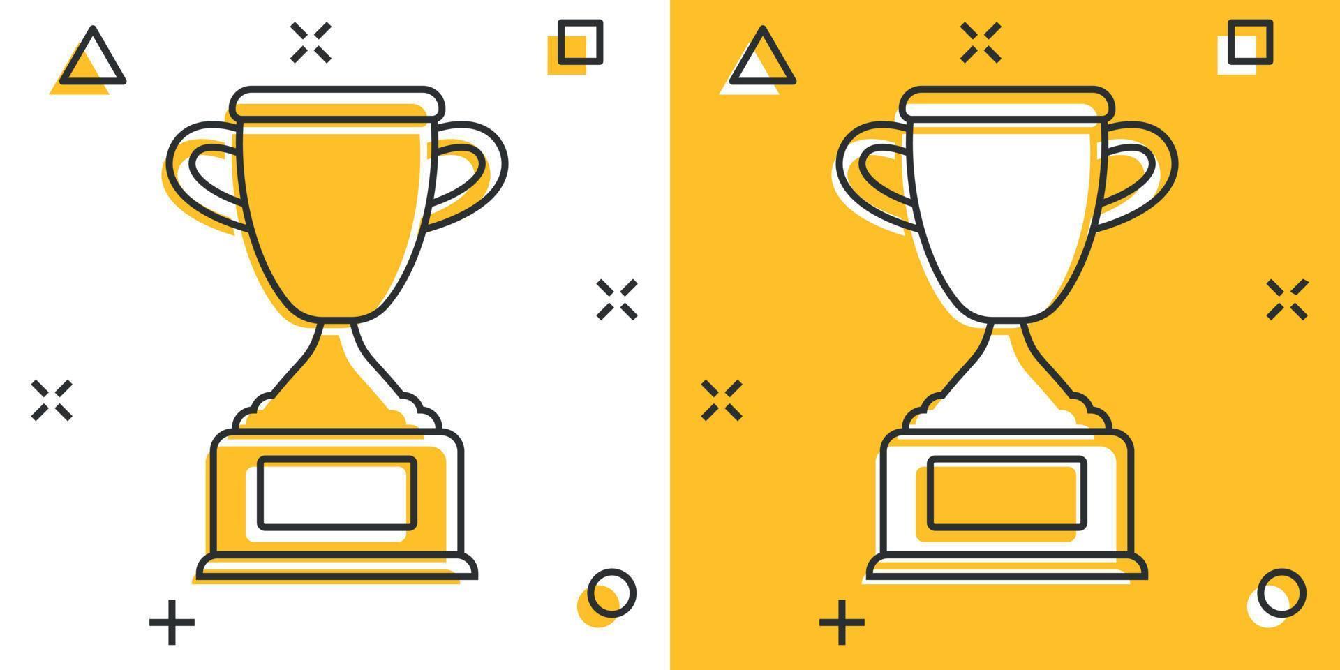 icono de copa de trofeo en estilo cómico. cáliz premio ilustración vectorial de dibujos animados sobre fondo aislado. concepto de negocio de signo de efecto de salpicadura de premio. vector