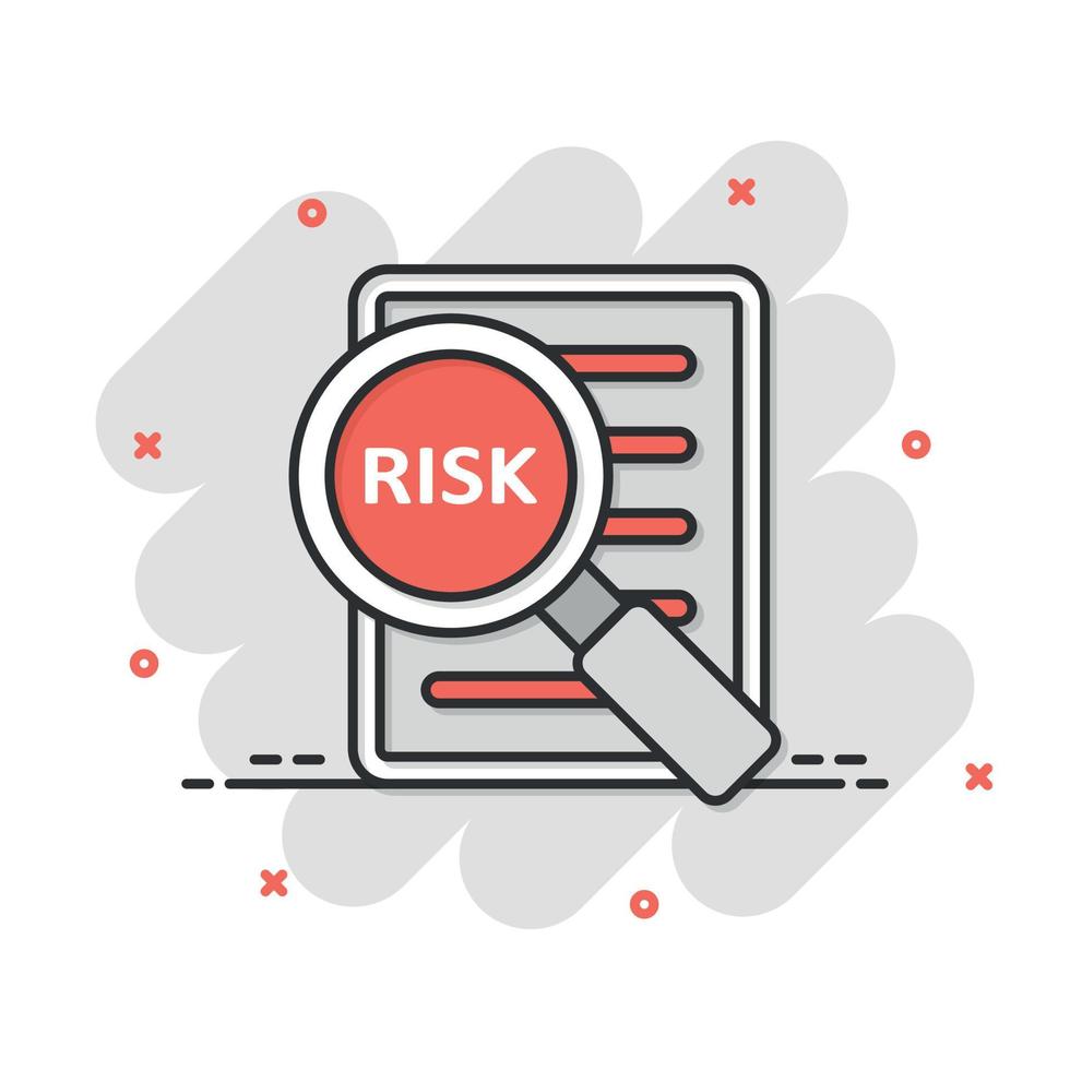 Risk management icon in comic style. Document cartoon vector illustration on white isolated background. Assessment data splash effect sign business concept.
